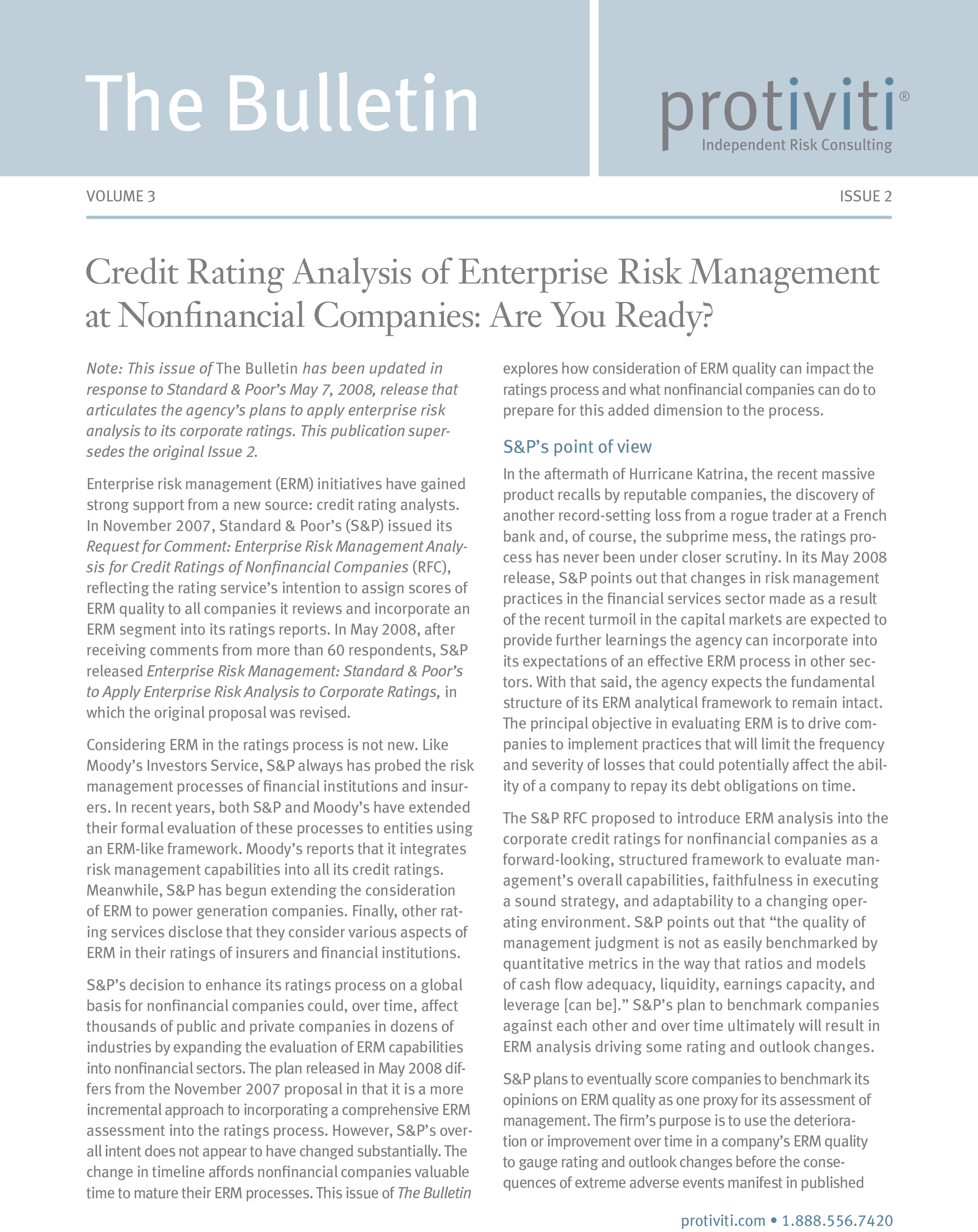 Screenshot of the first page of Credit Rating Analysis of Enterprise Risk Management at Nonfinancial Companies: Are You Ready?