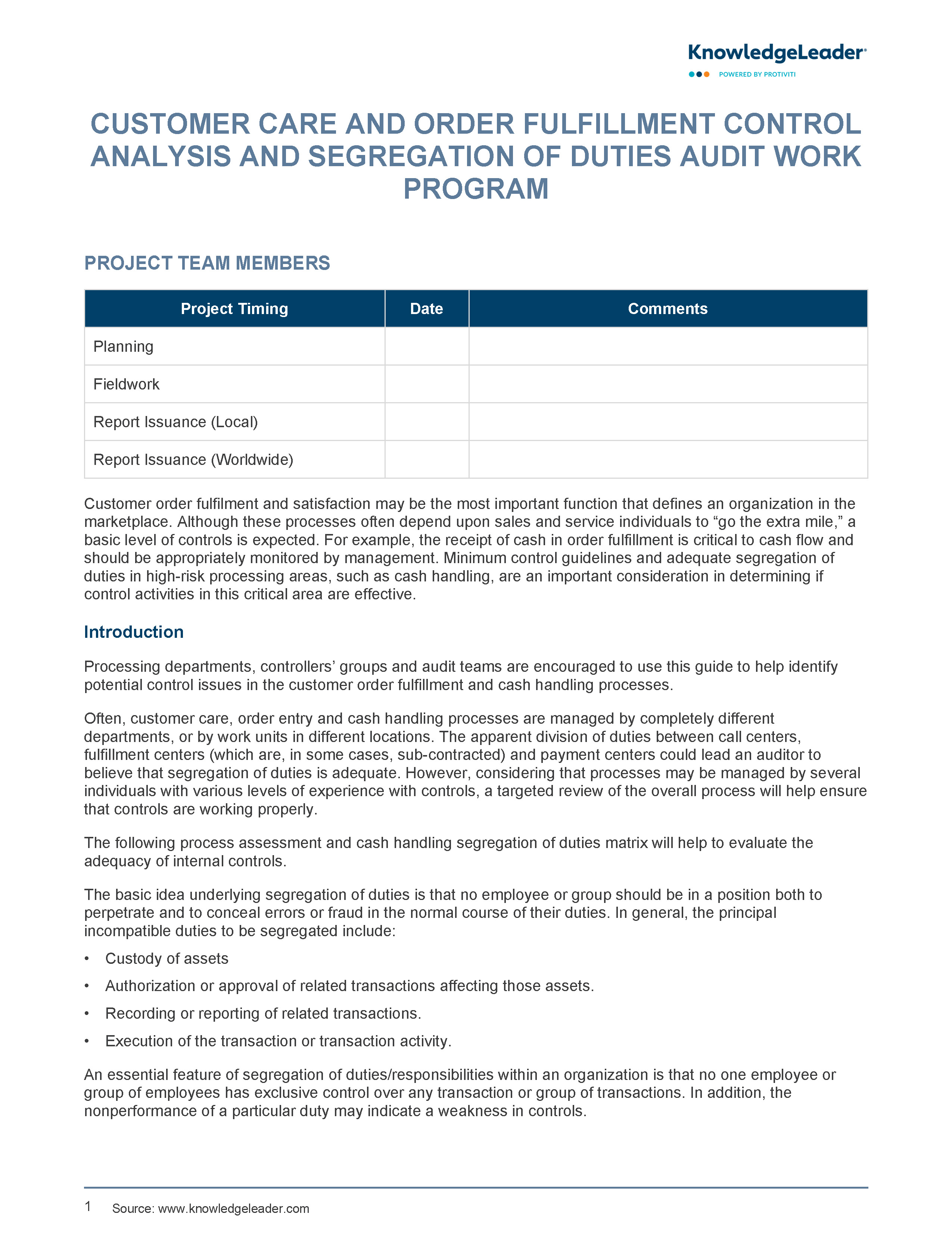 screenshot of the first page of Customer Care and Order Fulfillment: Control Analysis and Segregation of Duties Audit Work Program