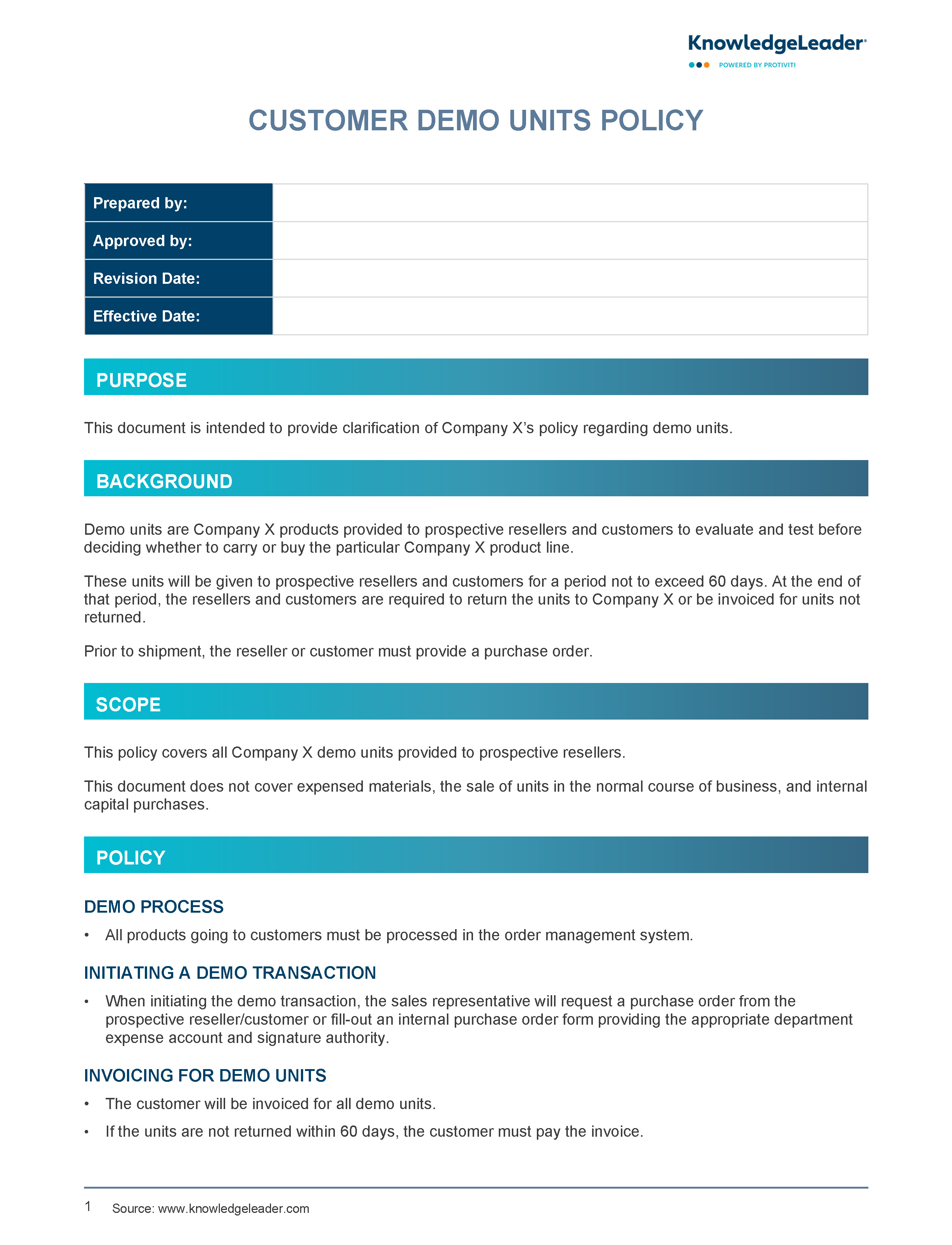 Screenshot of the first page of Customer Demo Units Policy