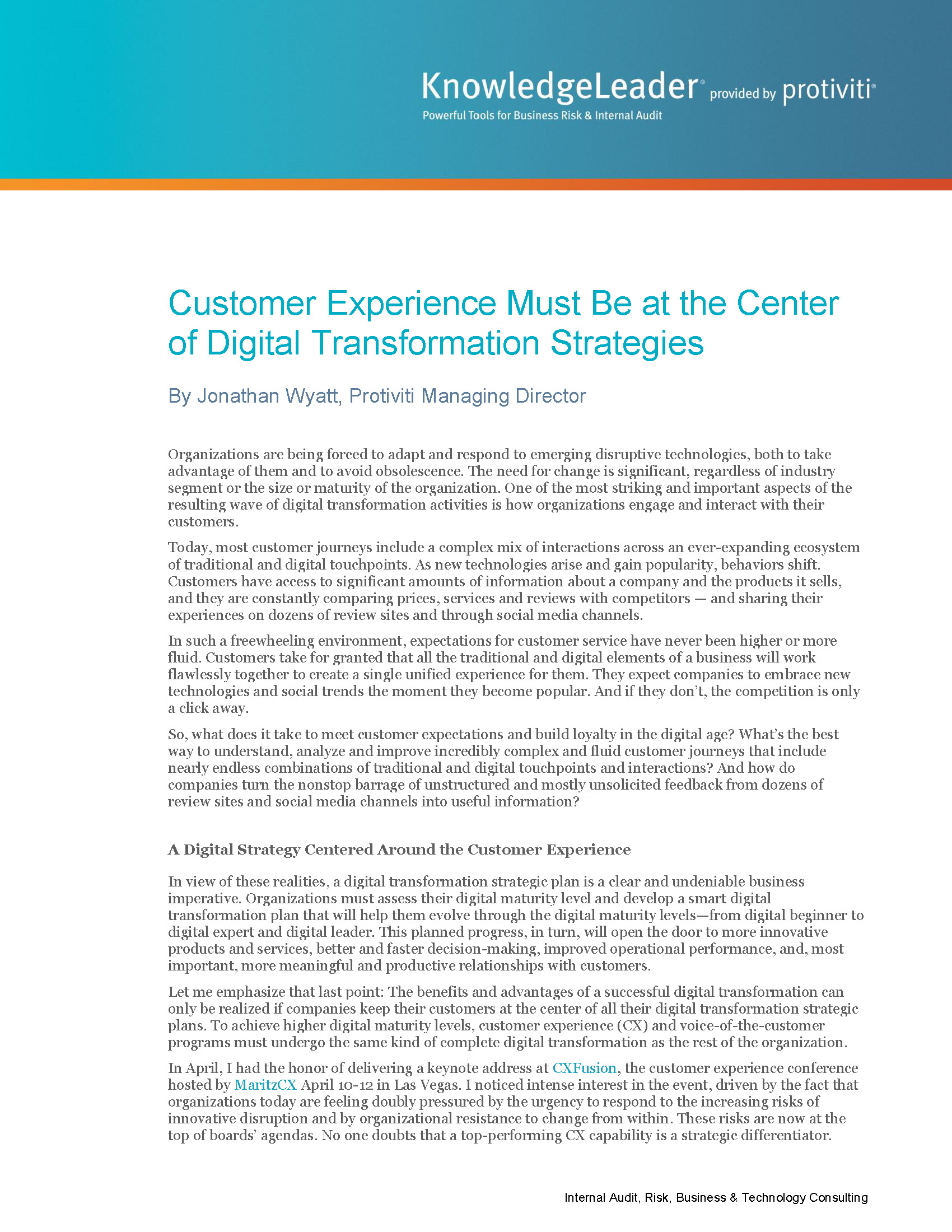 Screenshot of the first page of Customer Experience Must Be at the Center of Digital Transformation Strategies