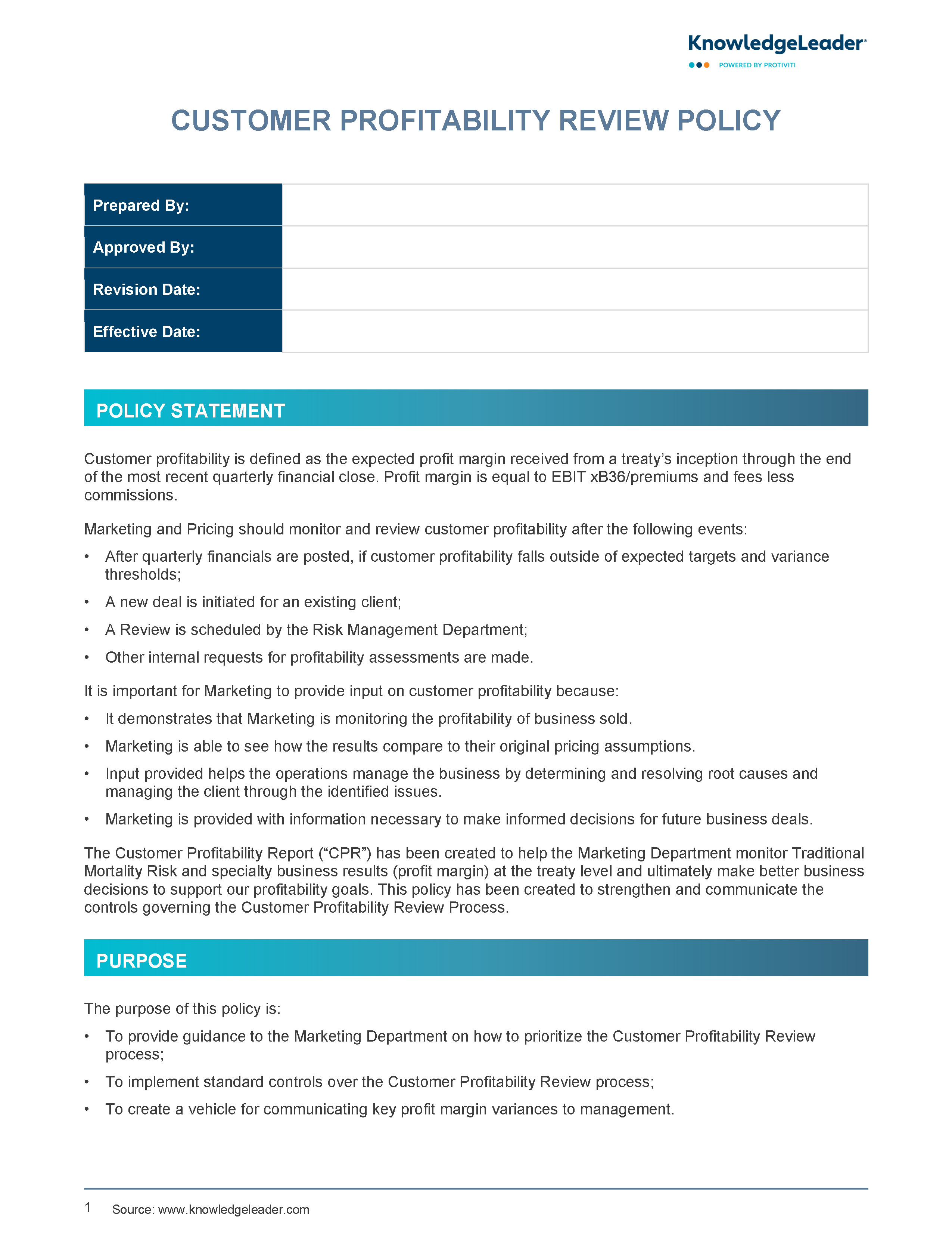 Screenshot of the first page of Customer Profitability Review Policy