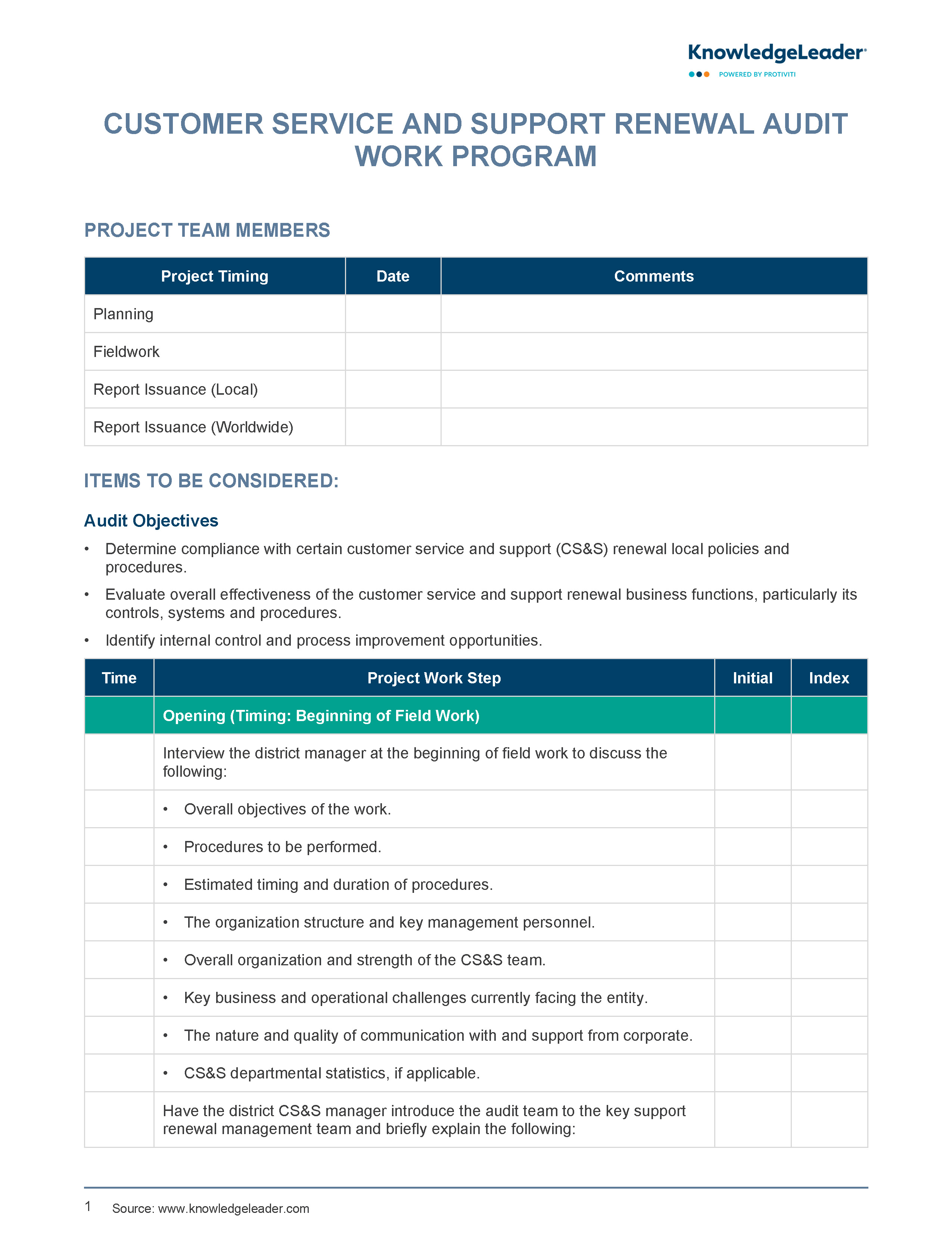 screenshot of the first page of Customer Service and Support Renewal Audit Work Program