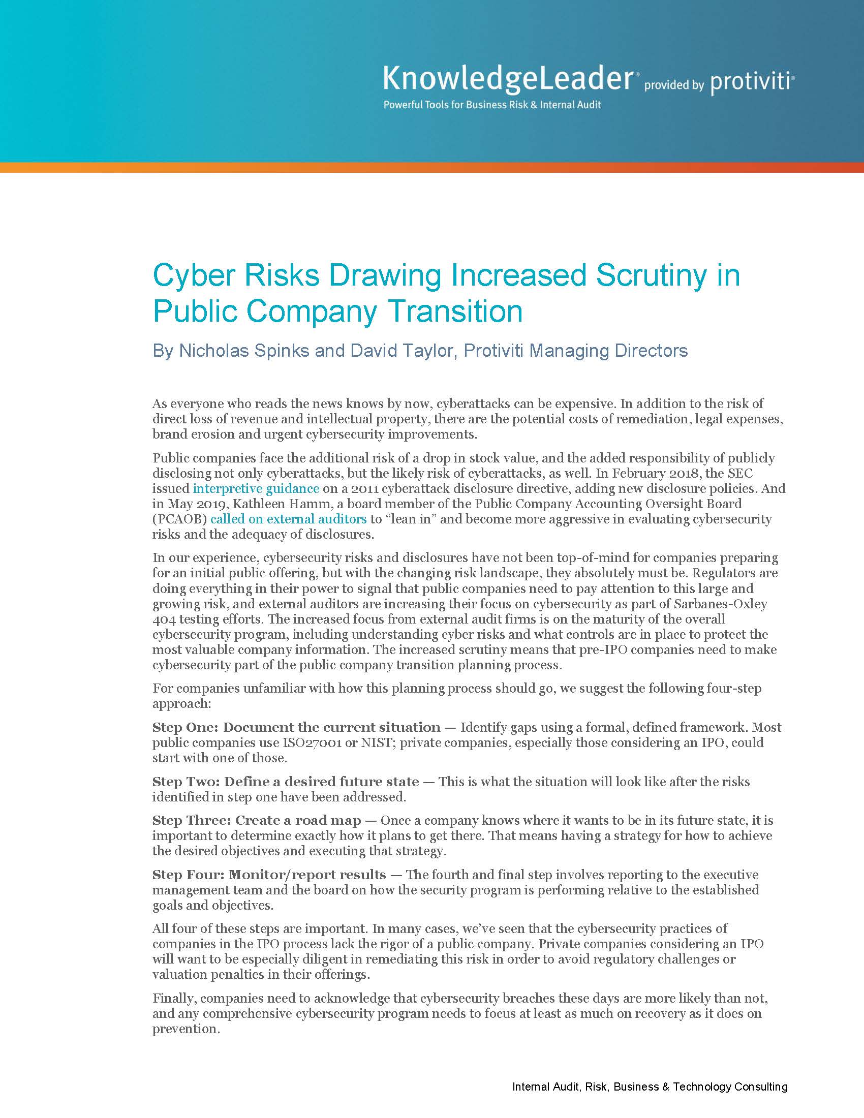 Screenshot of the first page of Cyber Risks Drawing Increased Scrutiny in Public Company Transition