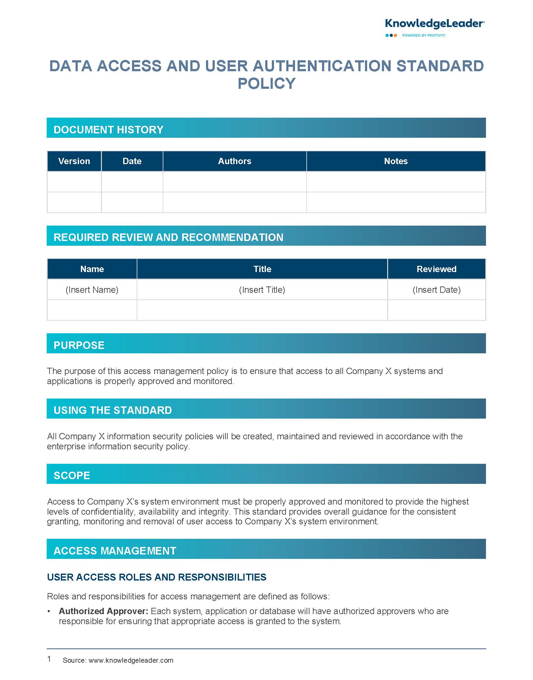 Screenshot of the first page of Data Access and User Authentication Policy