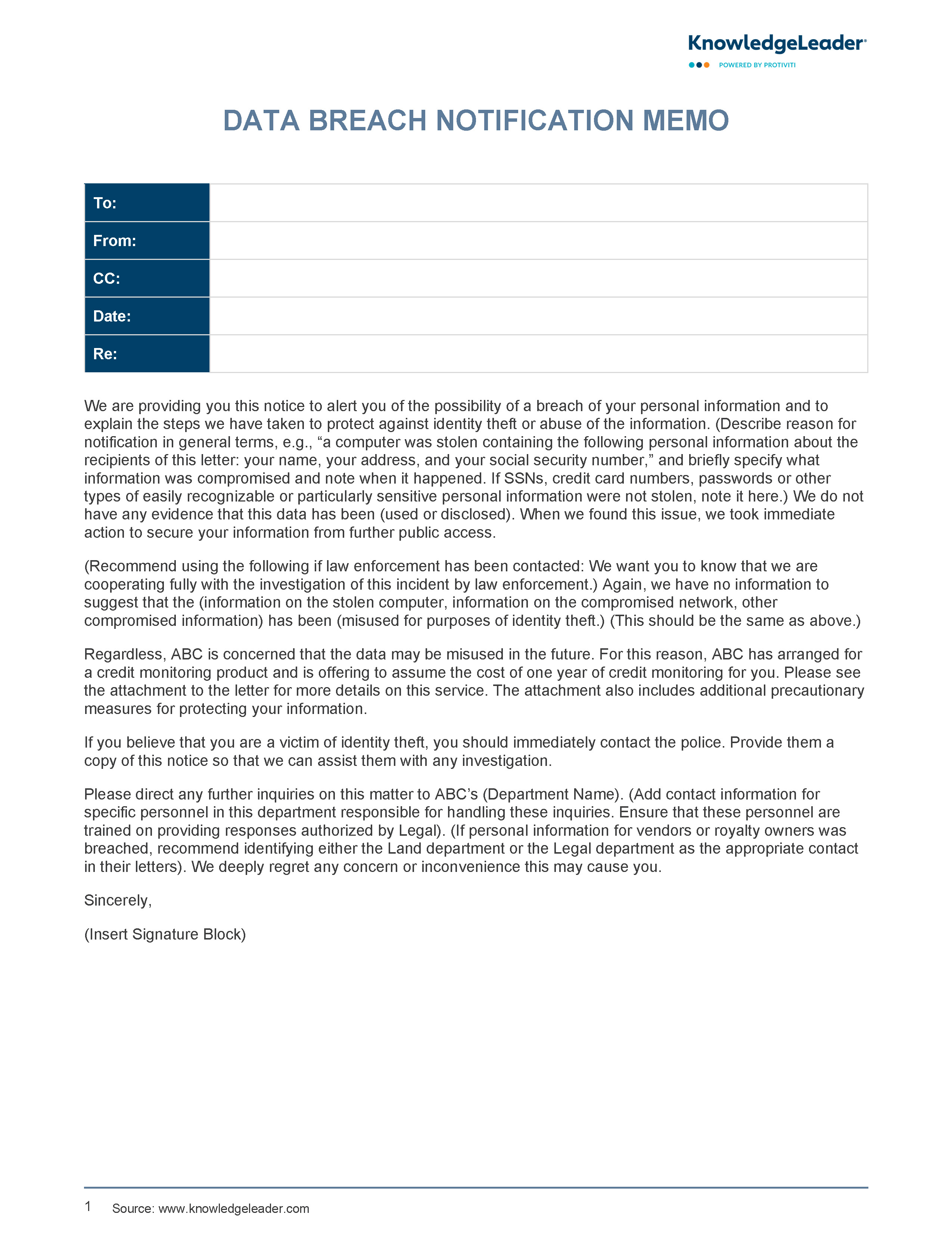 Screenshot of the first page of Data Breach Notification Letter Template Memo