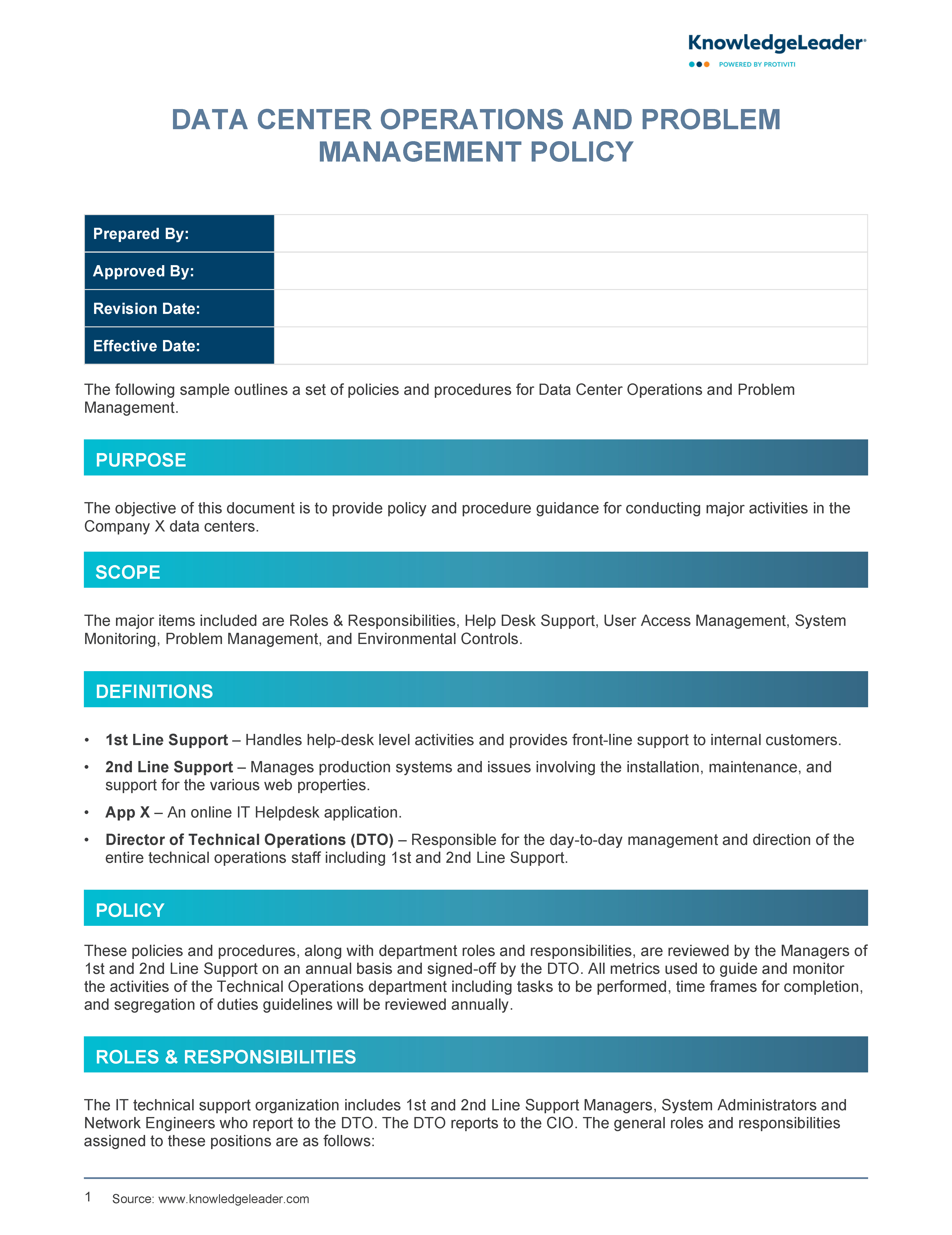 Screenshot of the first page of Data Center Ops and Problem Management Policy