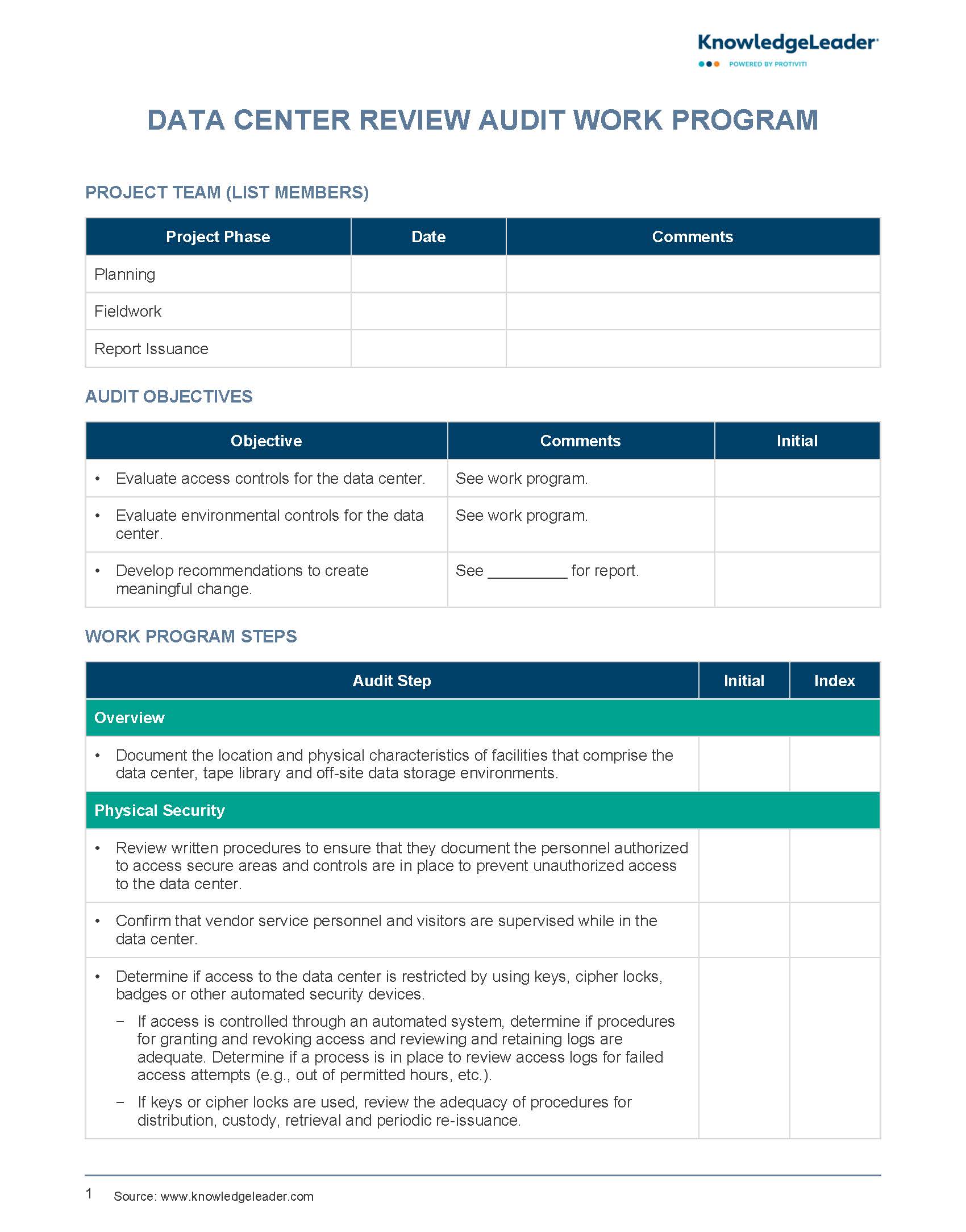 Screenshot of the first page of Data Center Review Audit Work Program