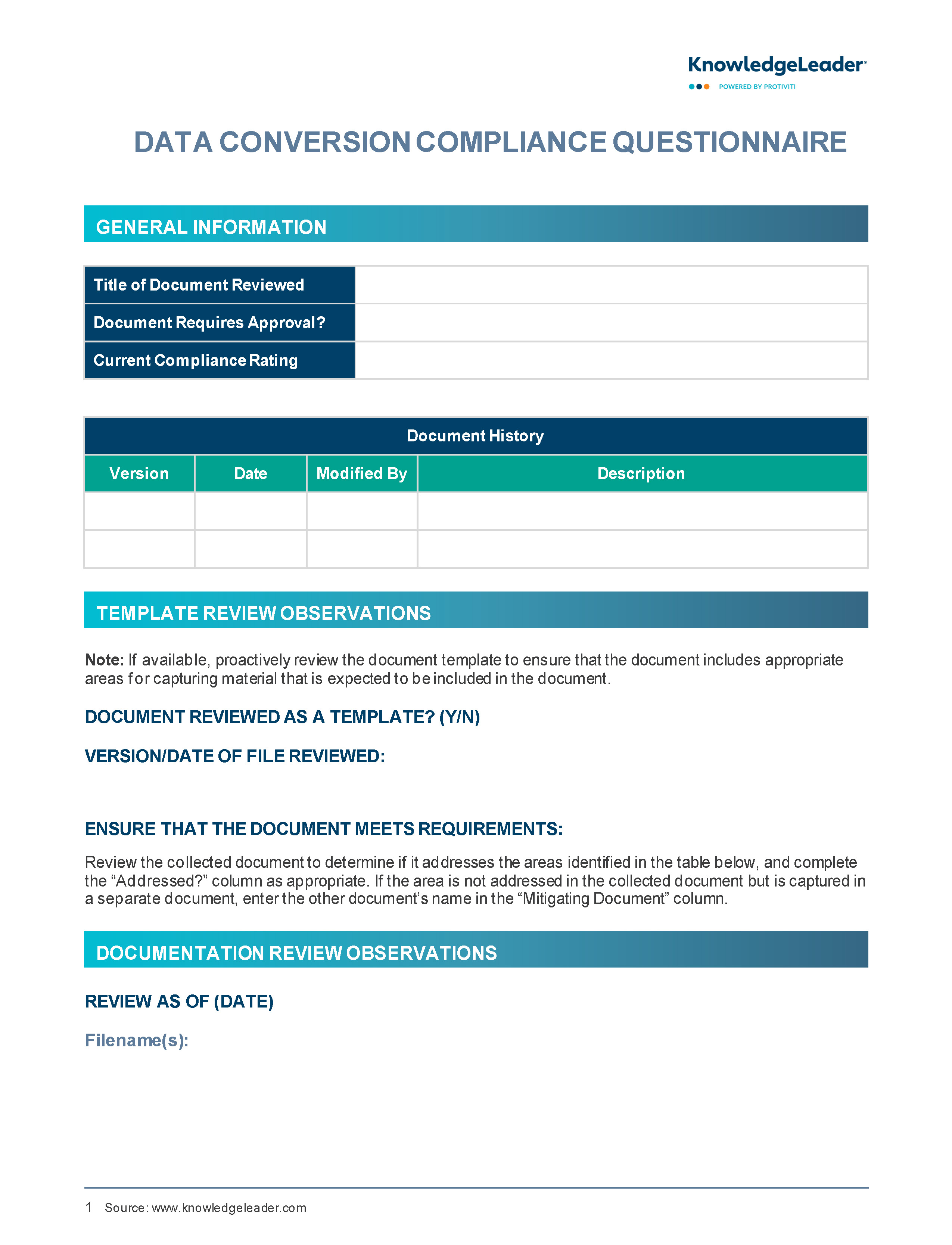 Screenshot of the first page of Data Conversion Compliance Questionnaire