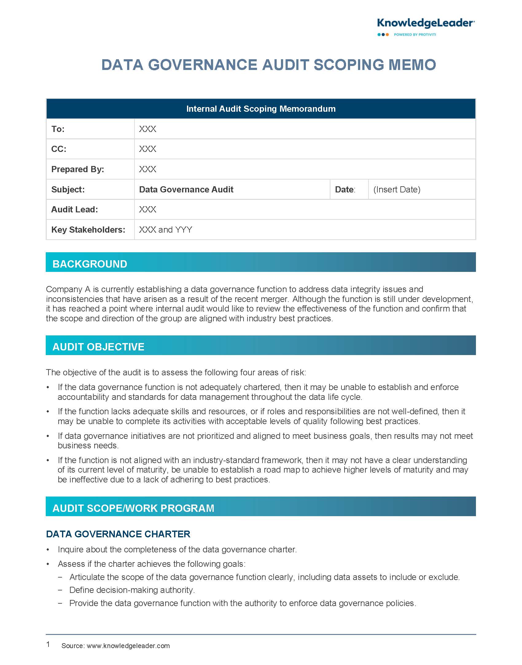 Screenshot of the first page of Data Governance Audit Scoping Memo