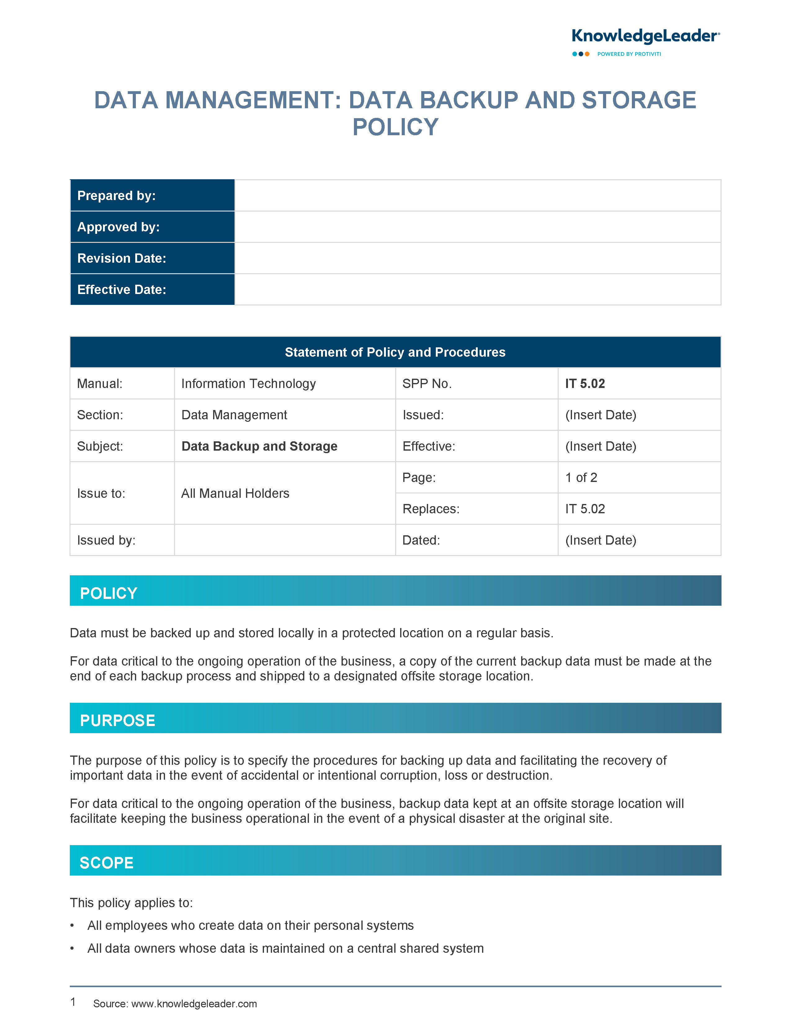 Screenshot of the first page of Data Management - Data Backup and Storage Policy