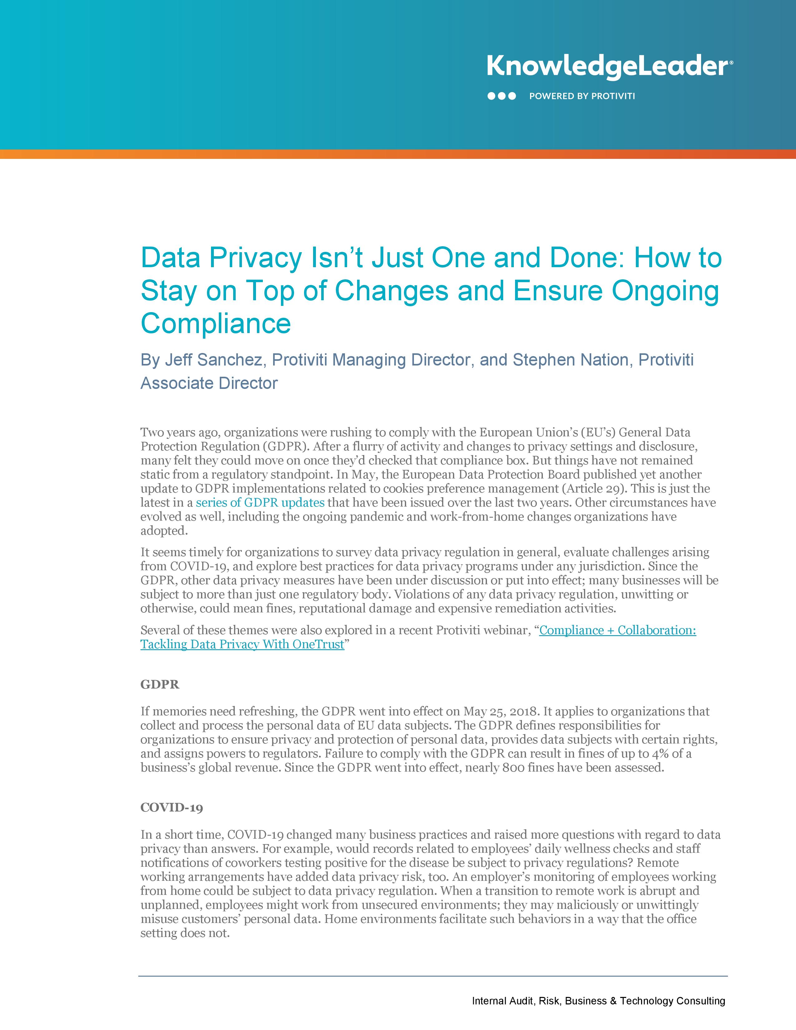 Screenshot of the first page of Data Privacy Isn’t Just One and Done: How to Stay on Top of Changes and Ensure Ongoing Compliance