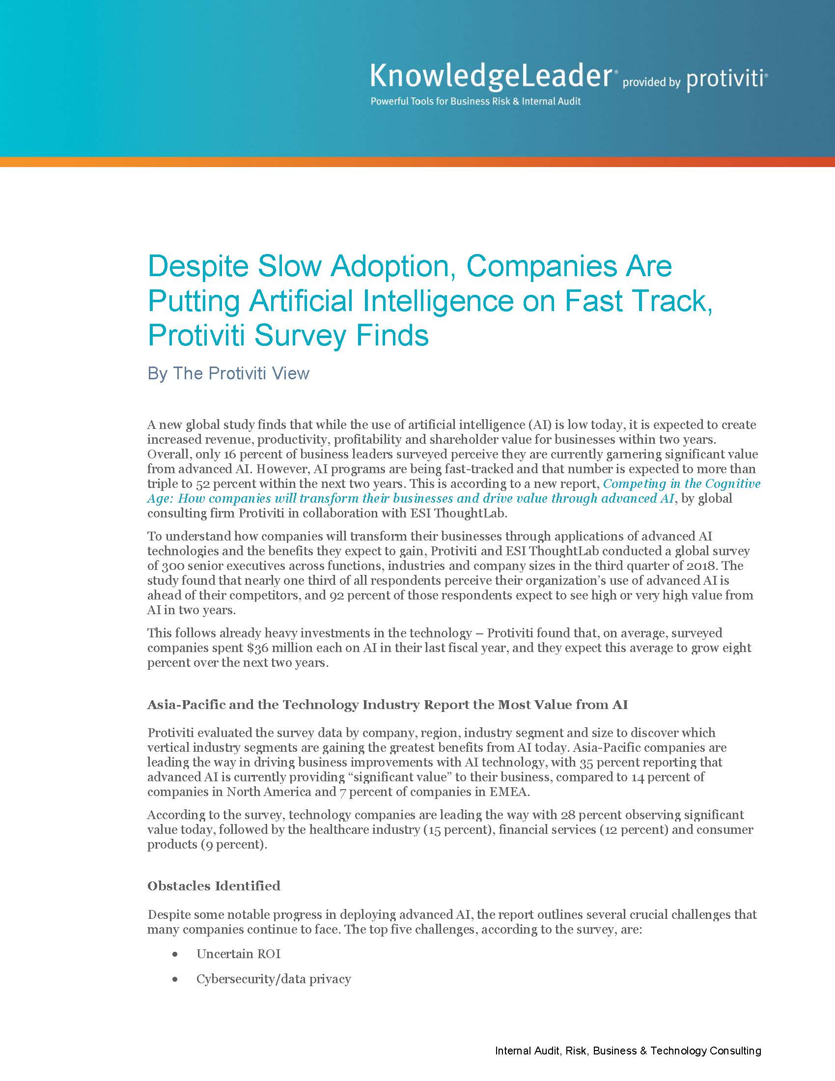 Screenshot of the first page of Despite Slow Adoption, Companies Are Putting Artificial Intelligence on Fast Track, Protiviti Survey Finds
