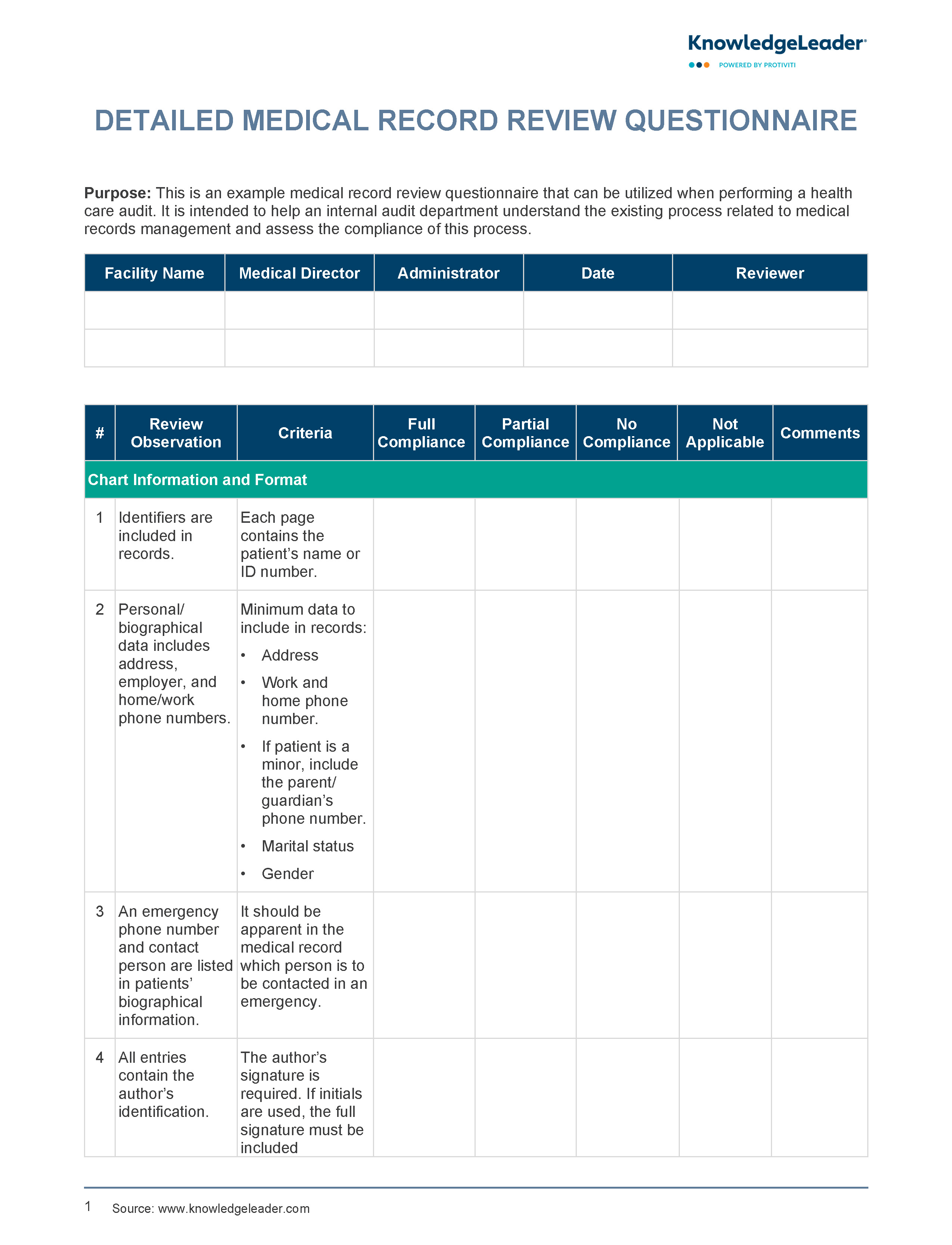 Screenshot of the first page of Detailed Medical Record Review Questionnaire