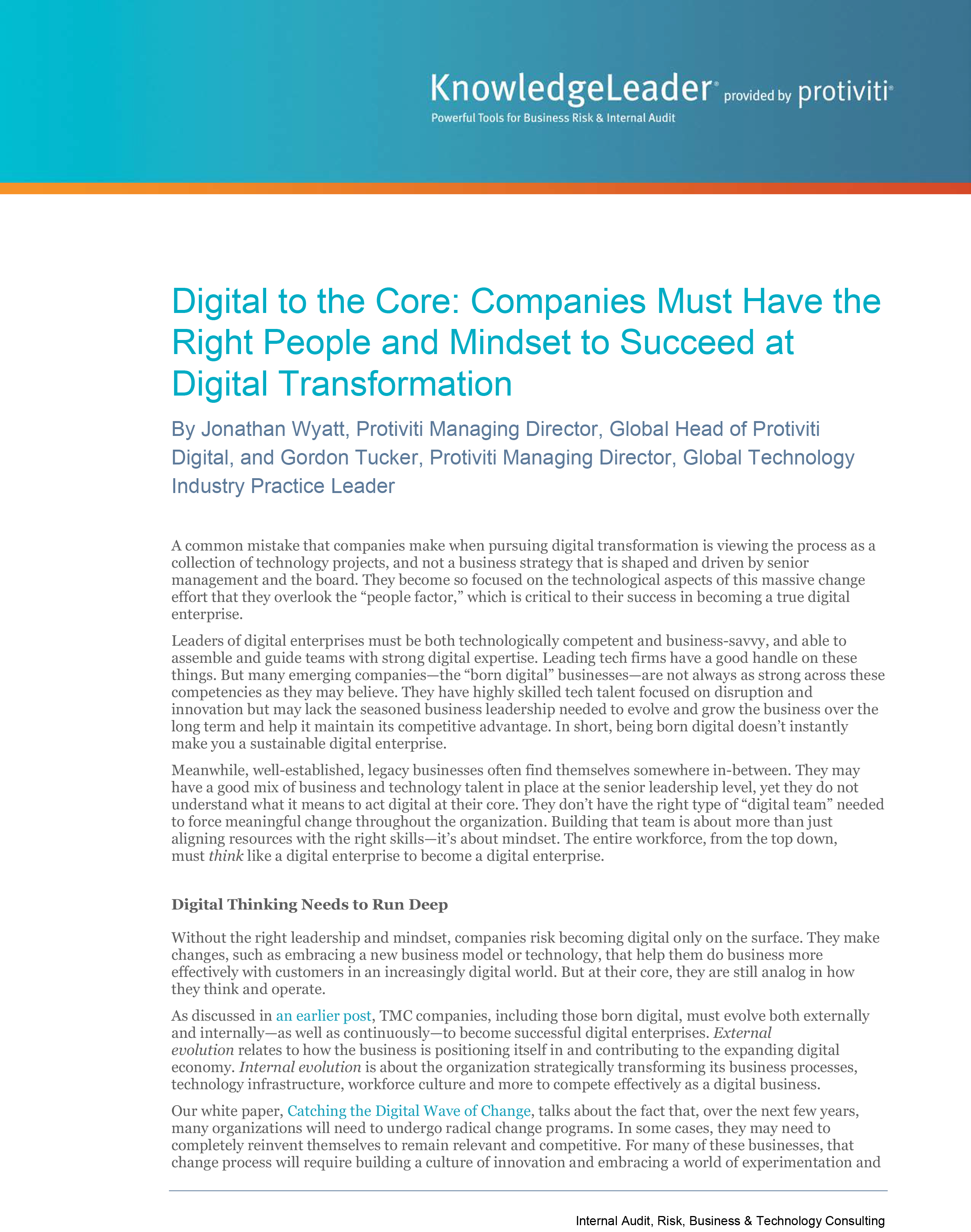 Screenshot of the first page of Digital to the Core - Companies Must Have the Right People and Mindset to Succeed at Digital Transformation