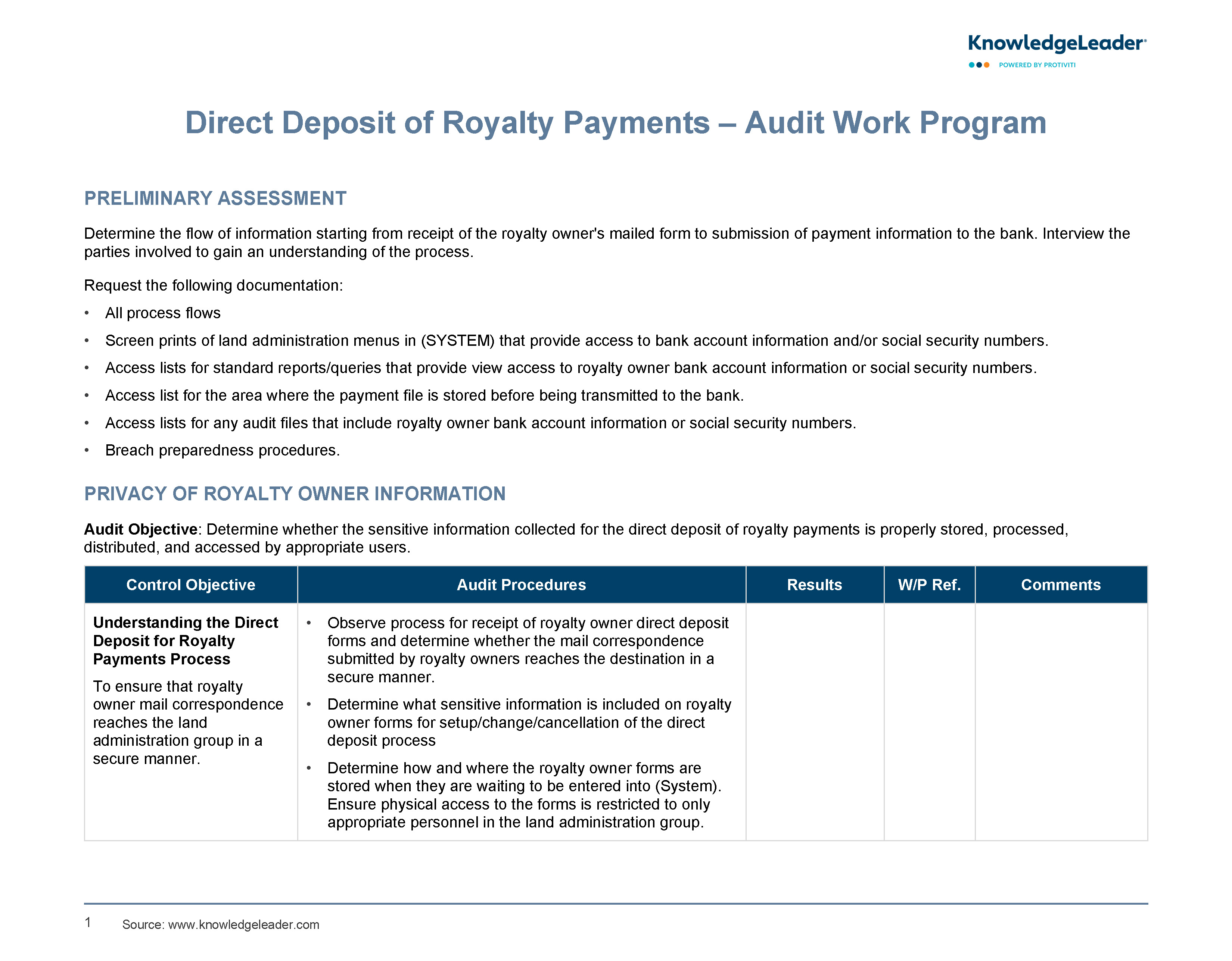 Screenshot of the first page of Direct Deposit of Royalty Payments - Audit Work Program