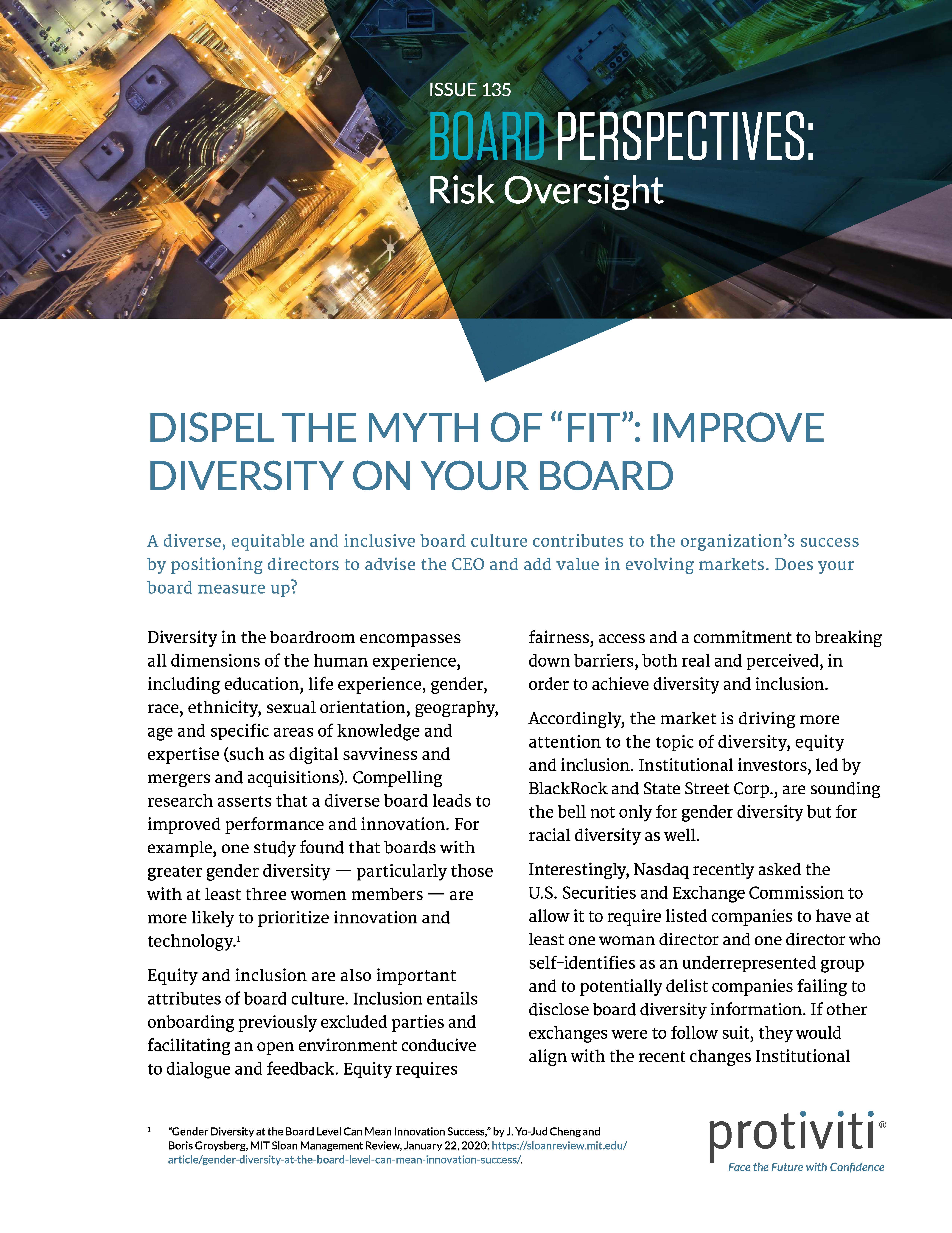 Screenshot of the first page of Dispel the Myth of Fit Improve Diversity on Your Board
