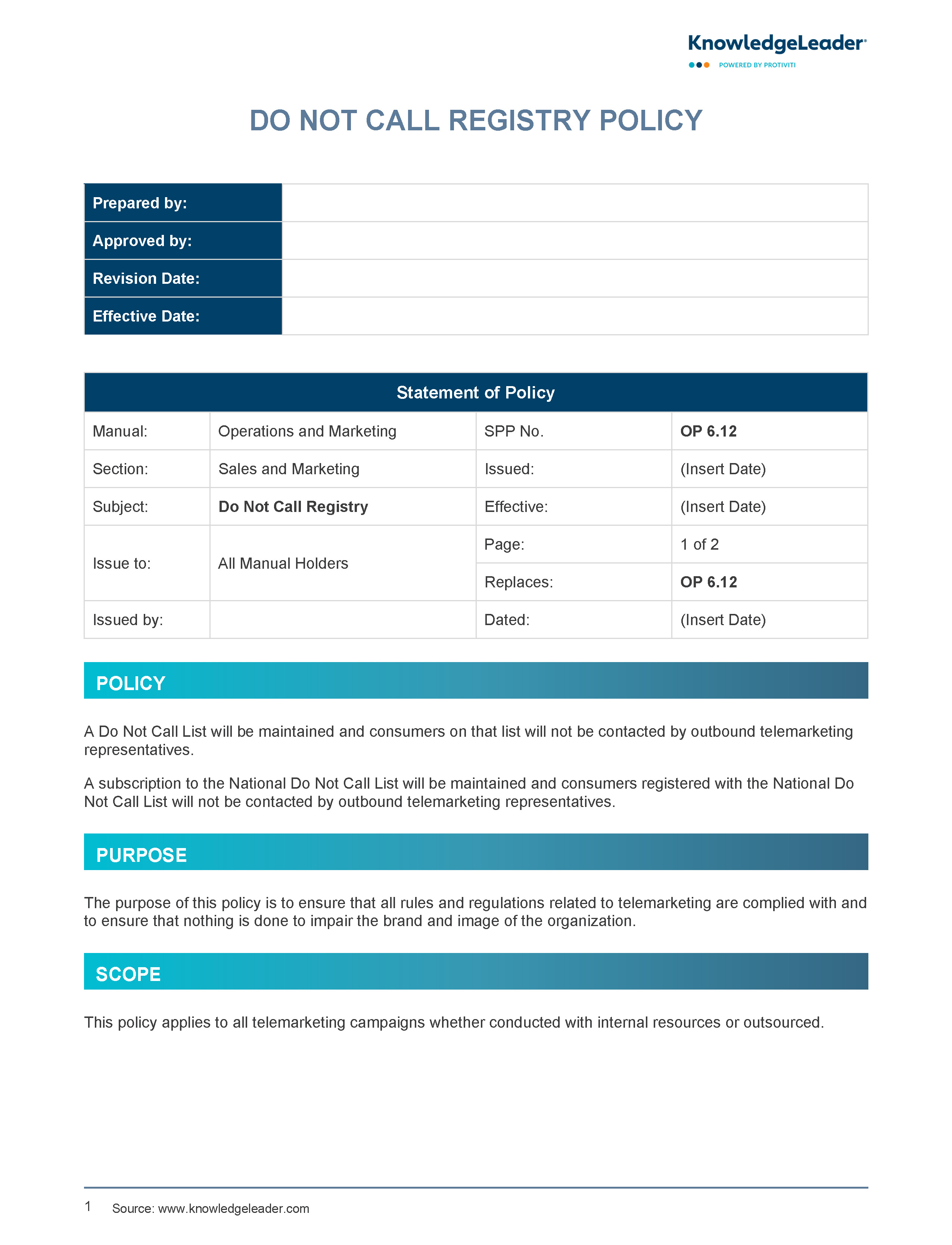 Screenshot of the first page of Do Not Call Registry Policy