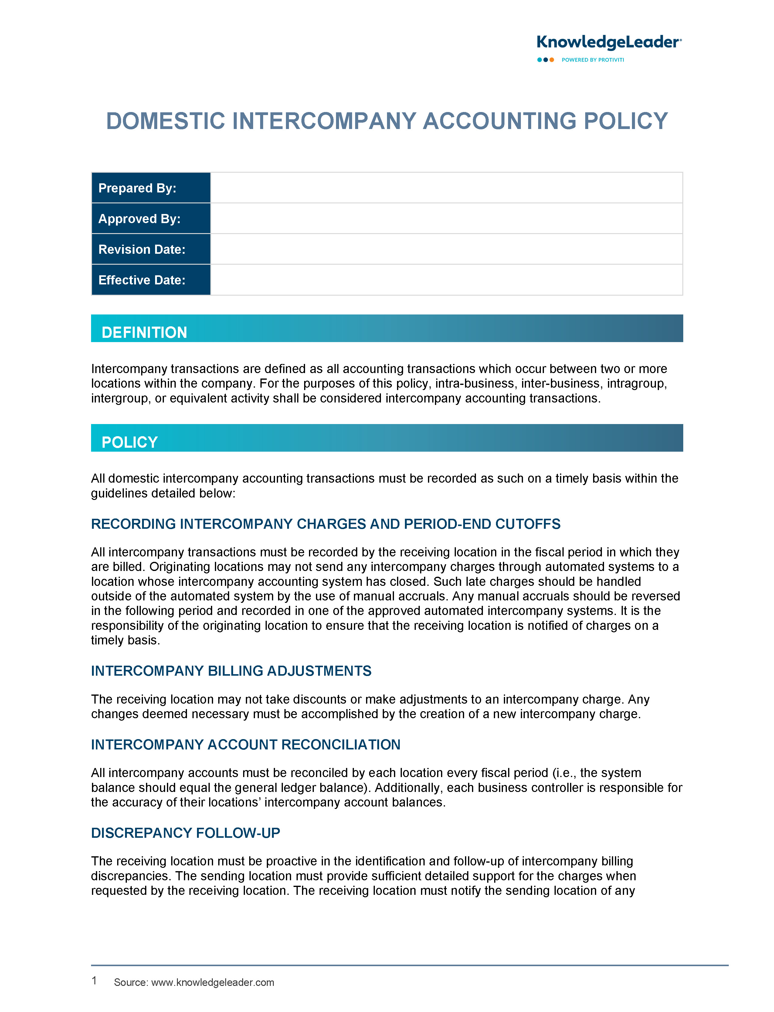 Screenshot of the first page of Domestic Intercompany Accounting Policy