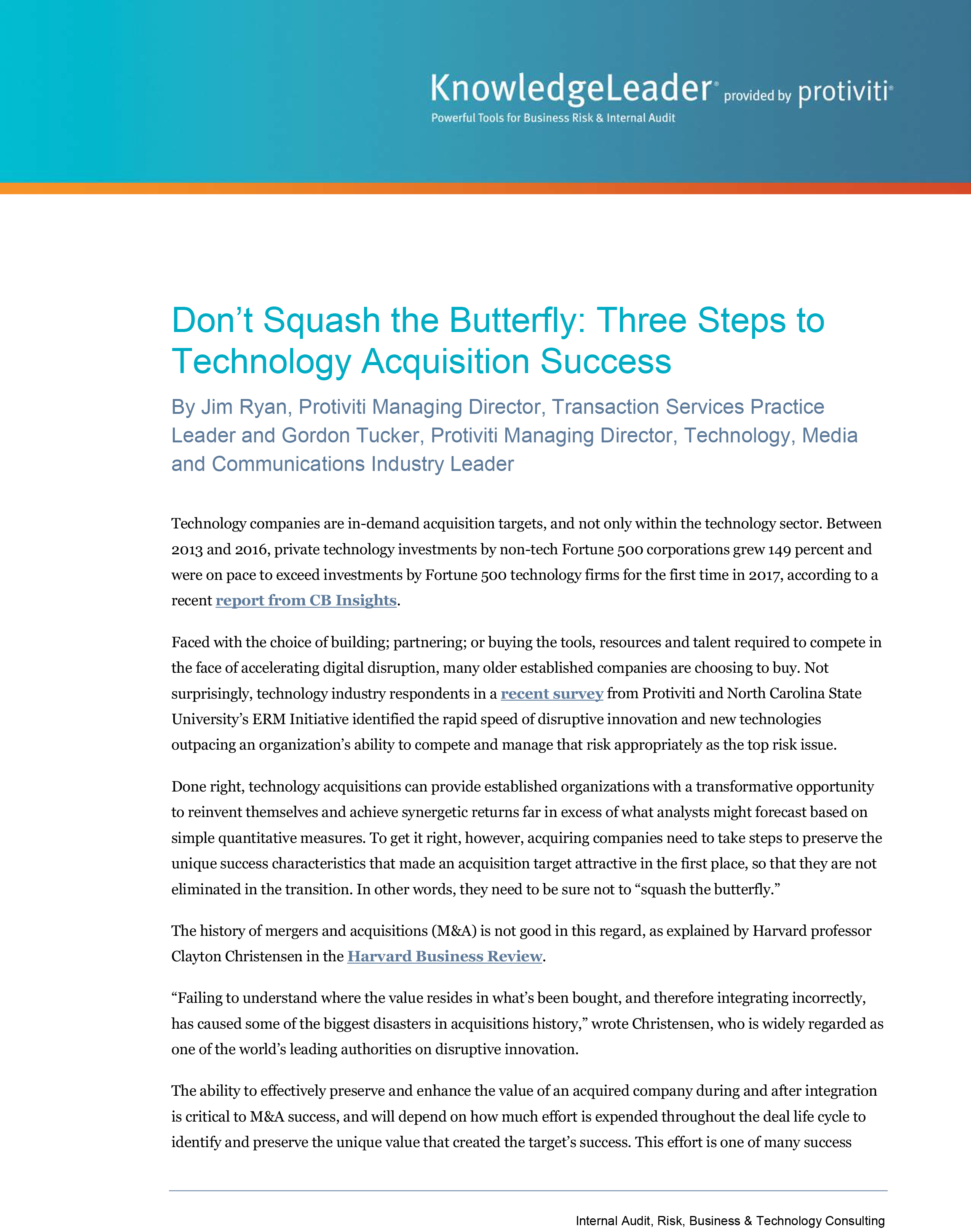 Screenshot of the first page of Don’t Squash the Butterfly - Three Steps to Technology Acquisition Success