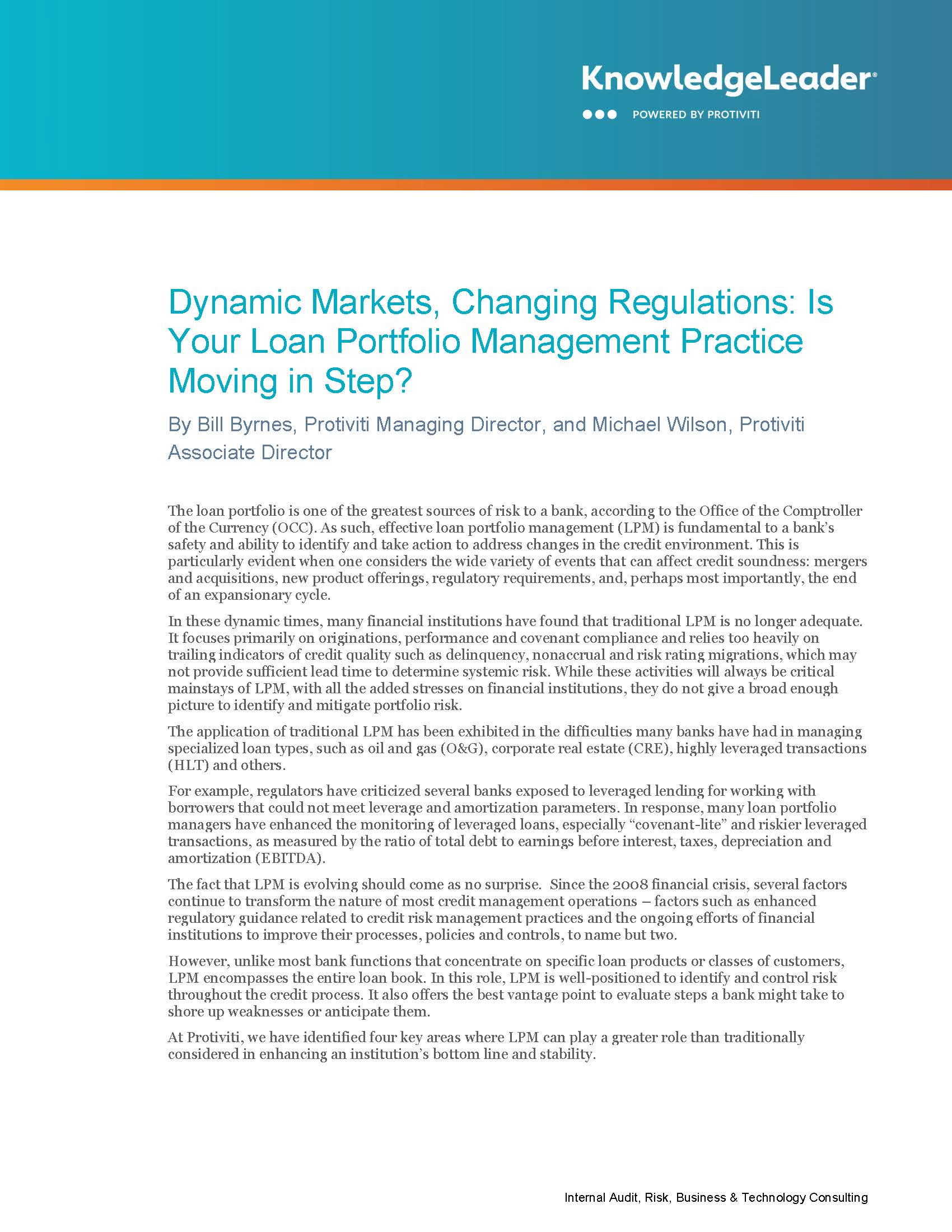 Screenshot of the first page of Dynamic Markets, Changing Regulations Is Your Loan Portfolio Management Practice Moving in Step