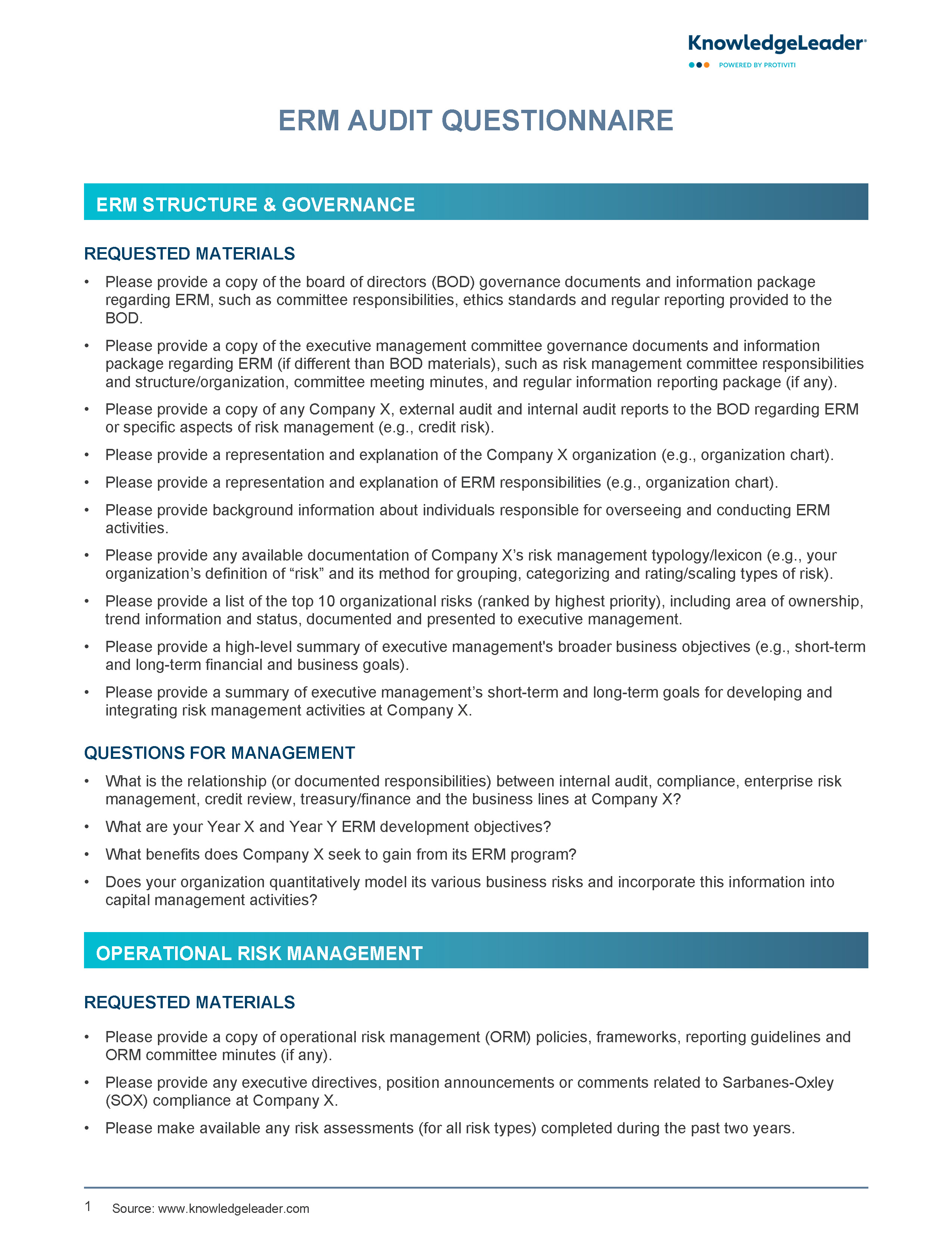 Screenshot of the first page of ERM Audit Questionnaire