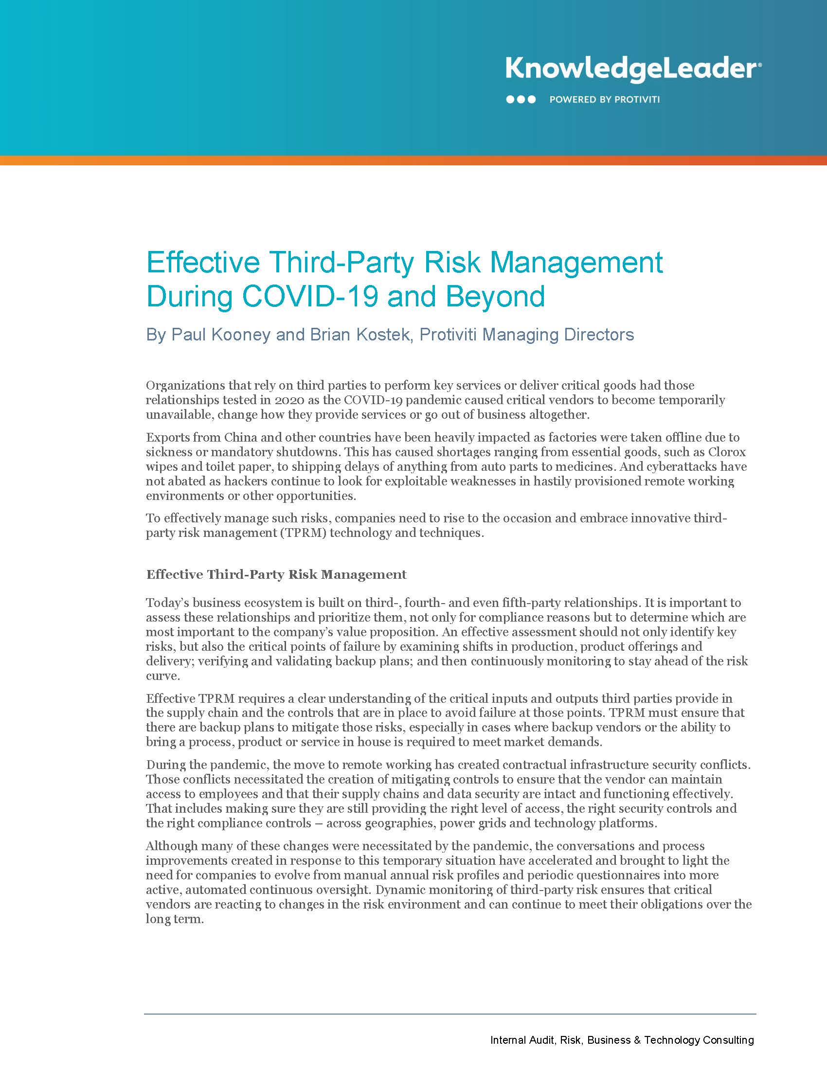 Screenshot of the first page of Effective Third-Party Risk Management During COVID-19 and Beyond