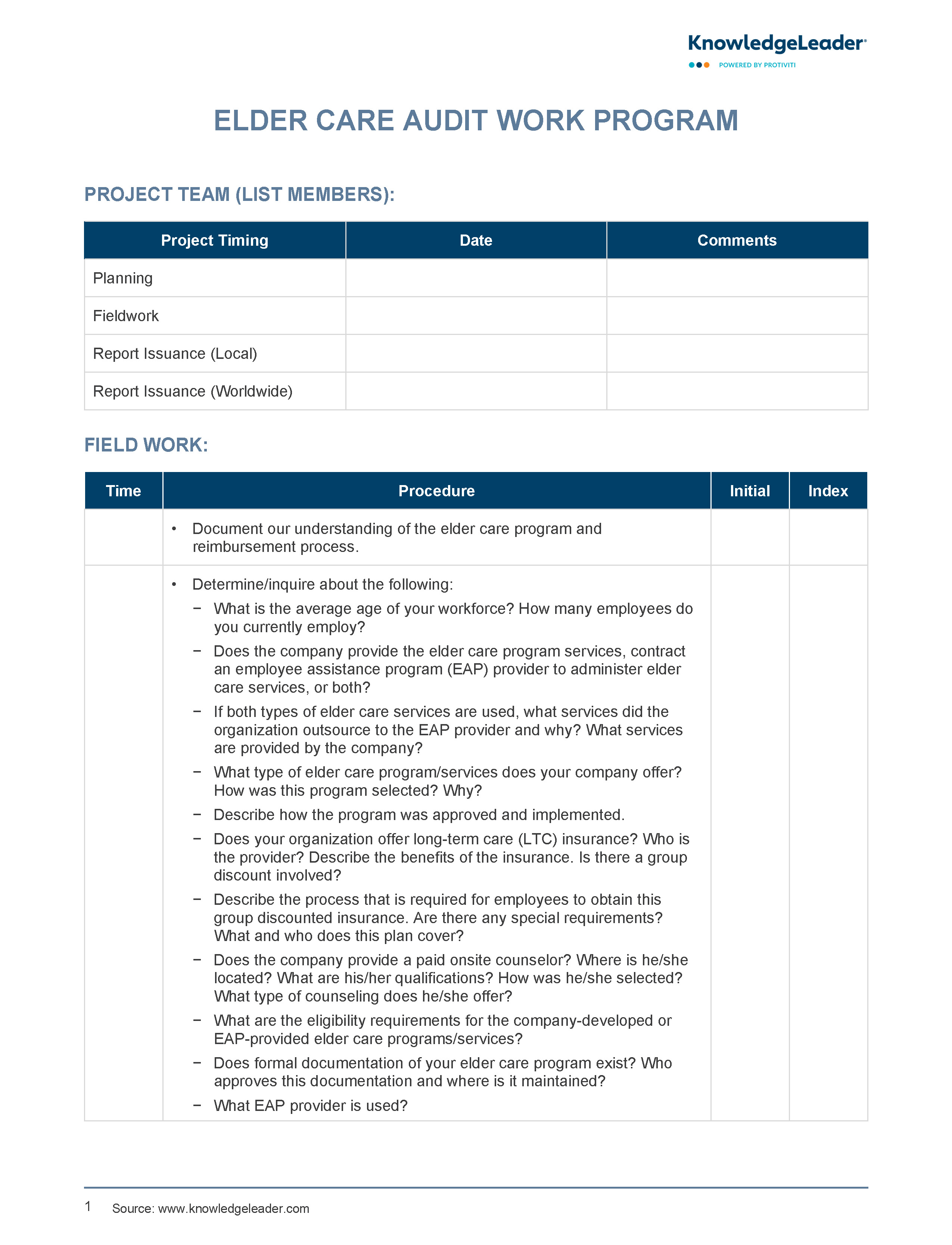 Screenshot of the first page of Elder Care Audit Work Program