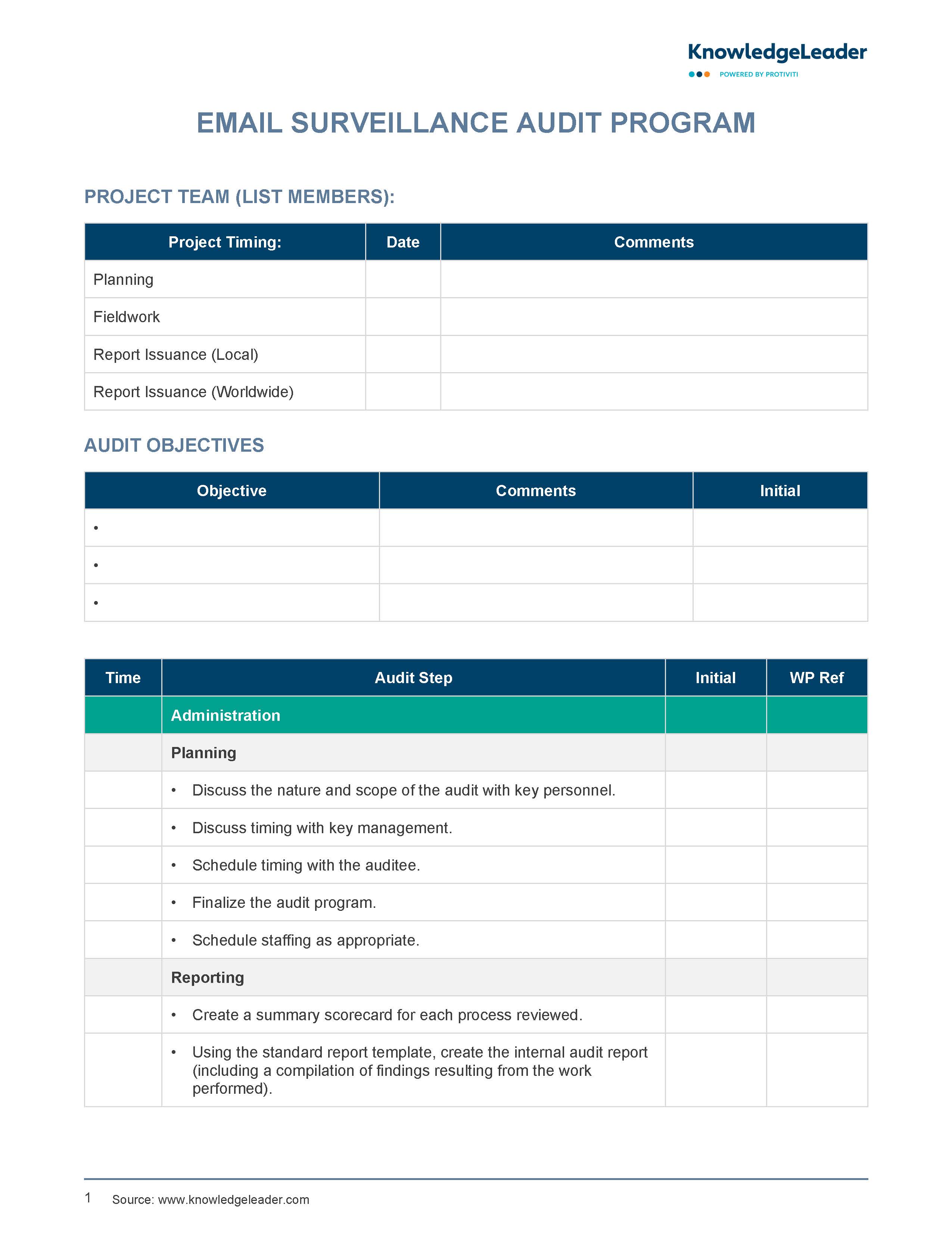 Screenshot of the first page of Email Surveillance Audit Program