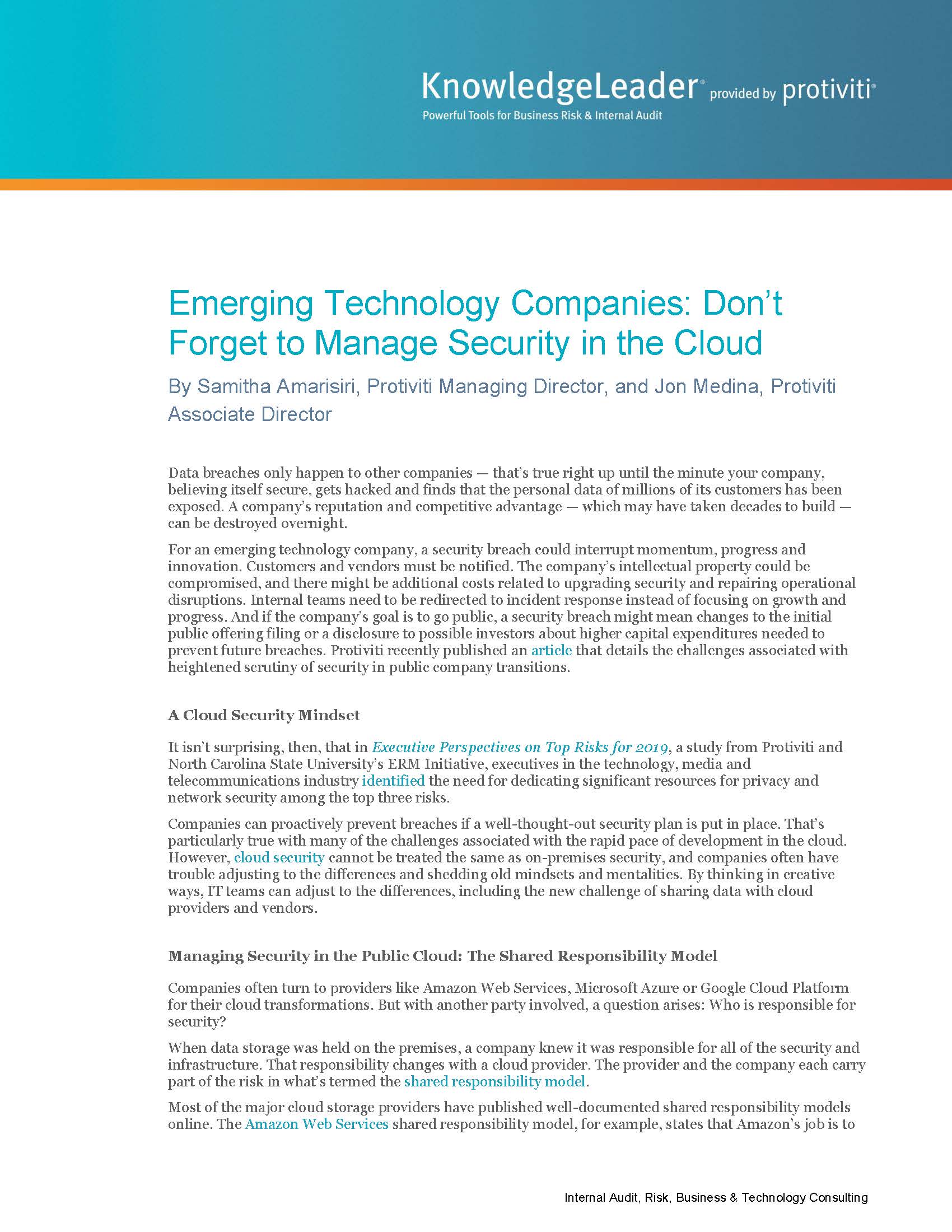 Screenshot of the first page of the Emerging Technology Companies Don’t Forget to Manage Security in the Cloud