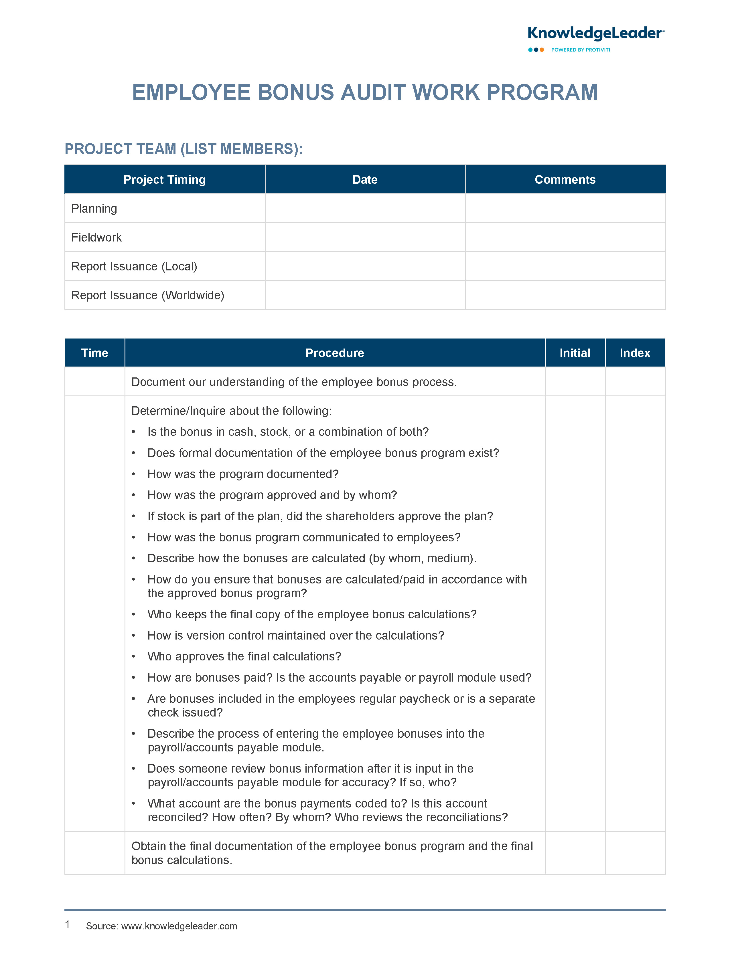 Screenshot of the first page of Employee Bonus Audit Work Program