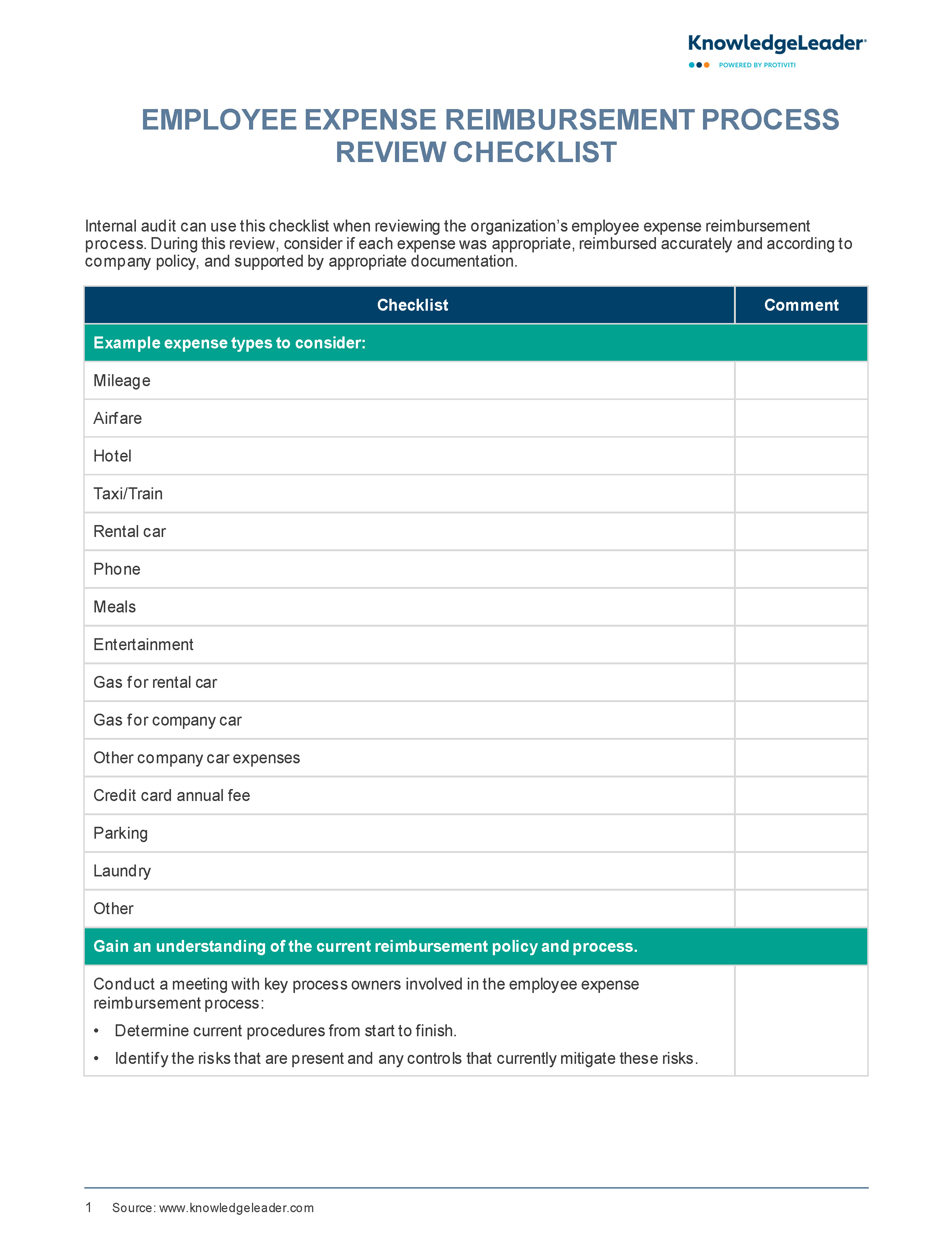 Screenshot of the first page of Employee Expense Reimbursement Process Review Checklist