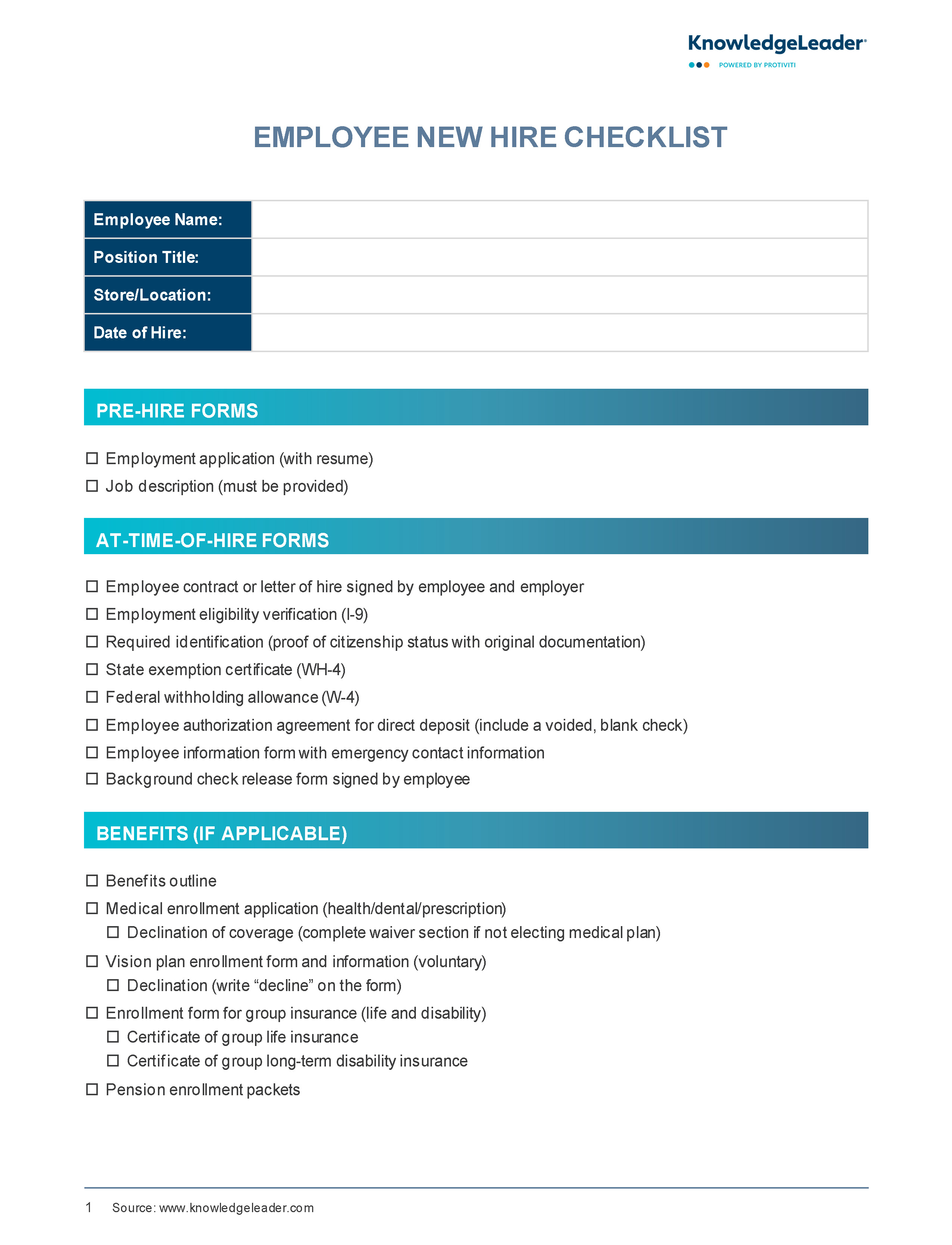 Screenshot of the first page of Employee New Hire Checklist