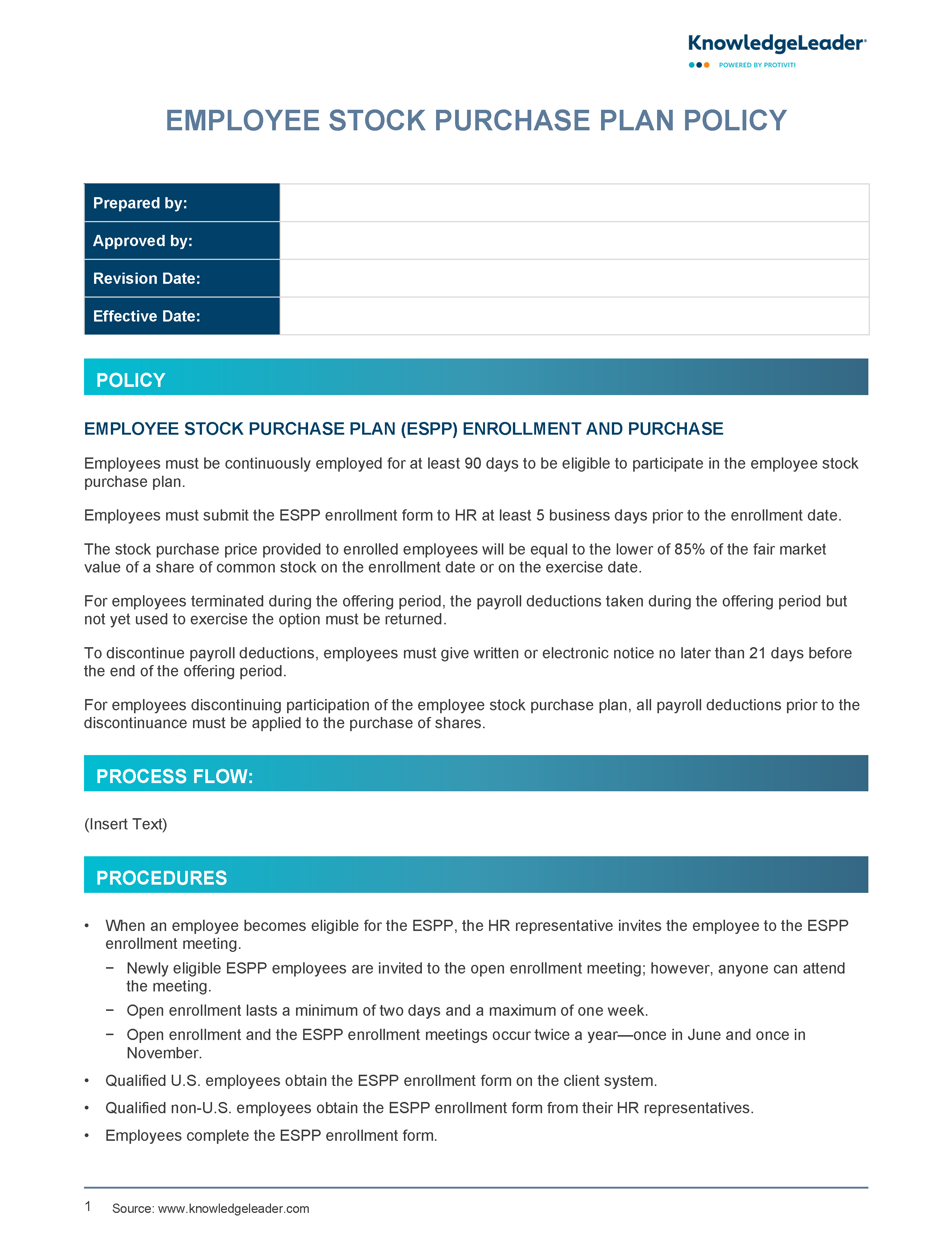 Screenshot of the first page of Employee Stock Purchase Plan Policy