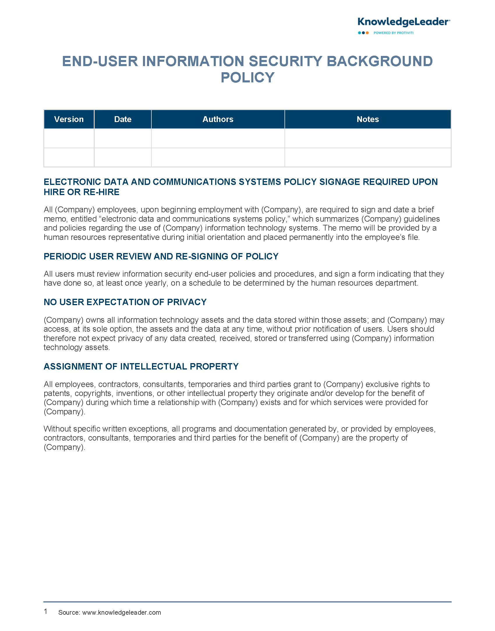 Screenshot of the first page of End-User Information Security Background Policy