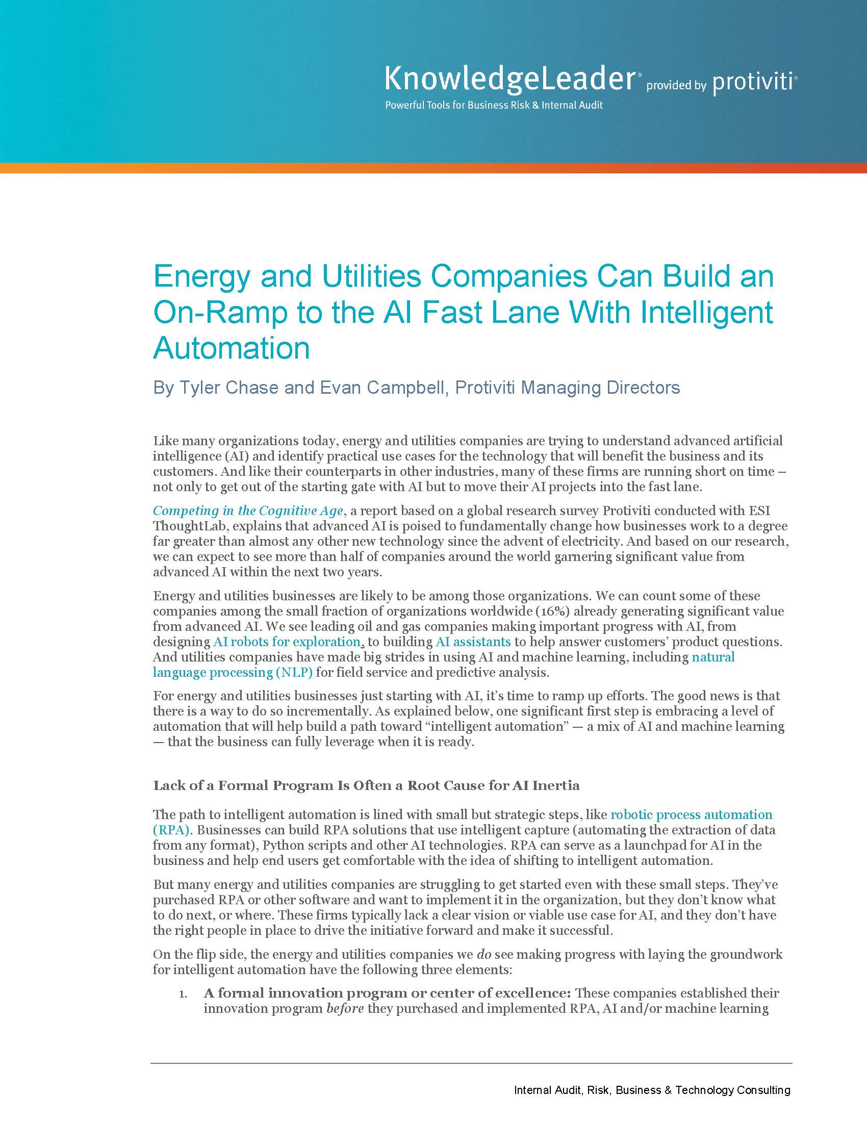 Screenshot of the first page of Energy and Utilities Companies Can Build an On-Ramp to the AI Fast Lane With Intelligent Automation