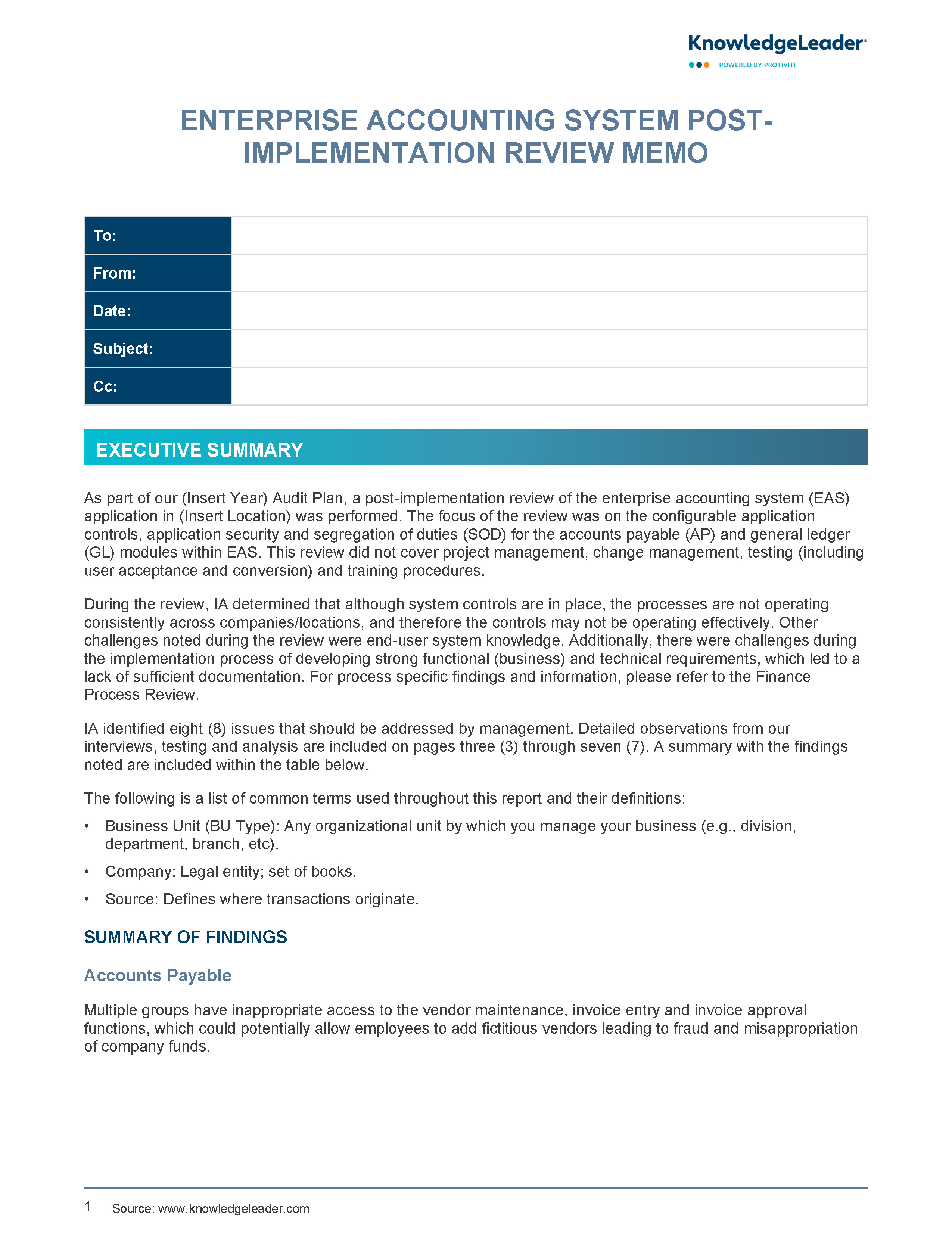 Screenshot of the first page of Enterprise Accounting System Post-Implementation Review Memo