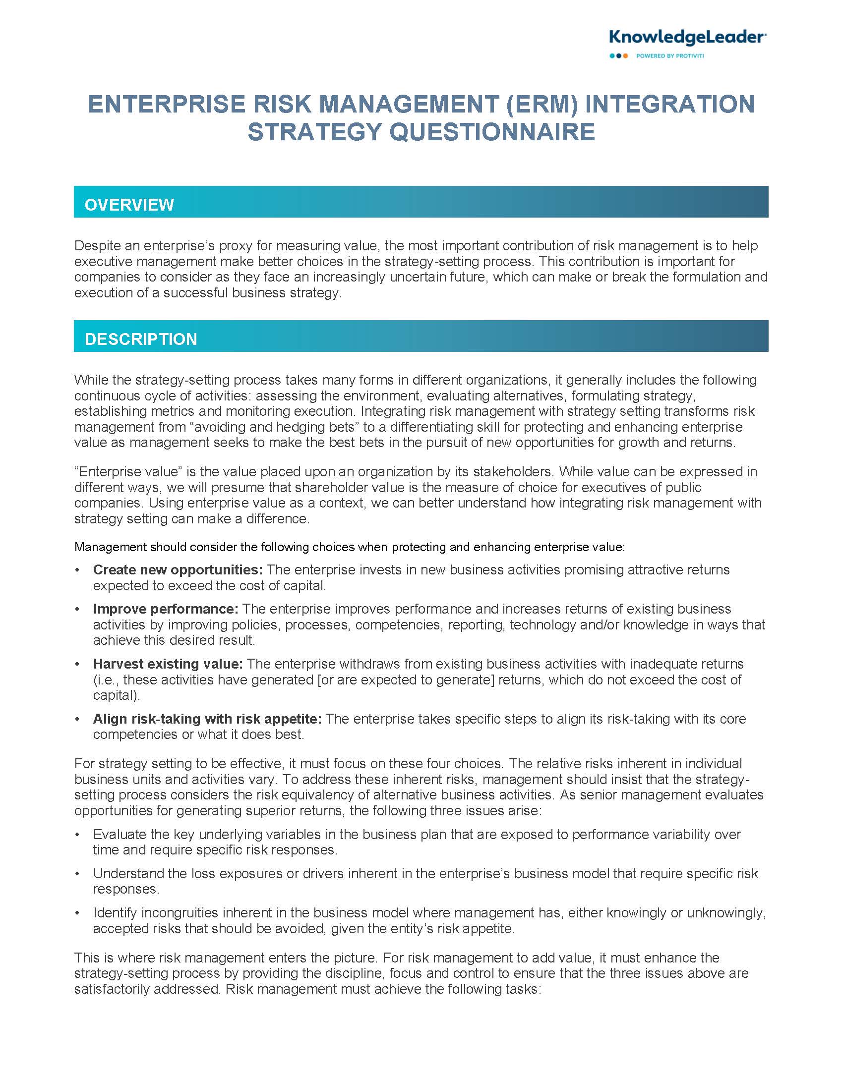 Screenshot of the first page of Enterprise Risk Management (ERM) Integration Strategy Questionnaire