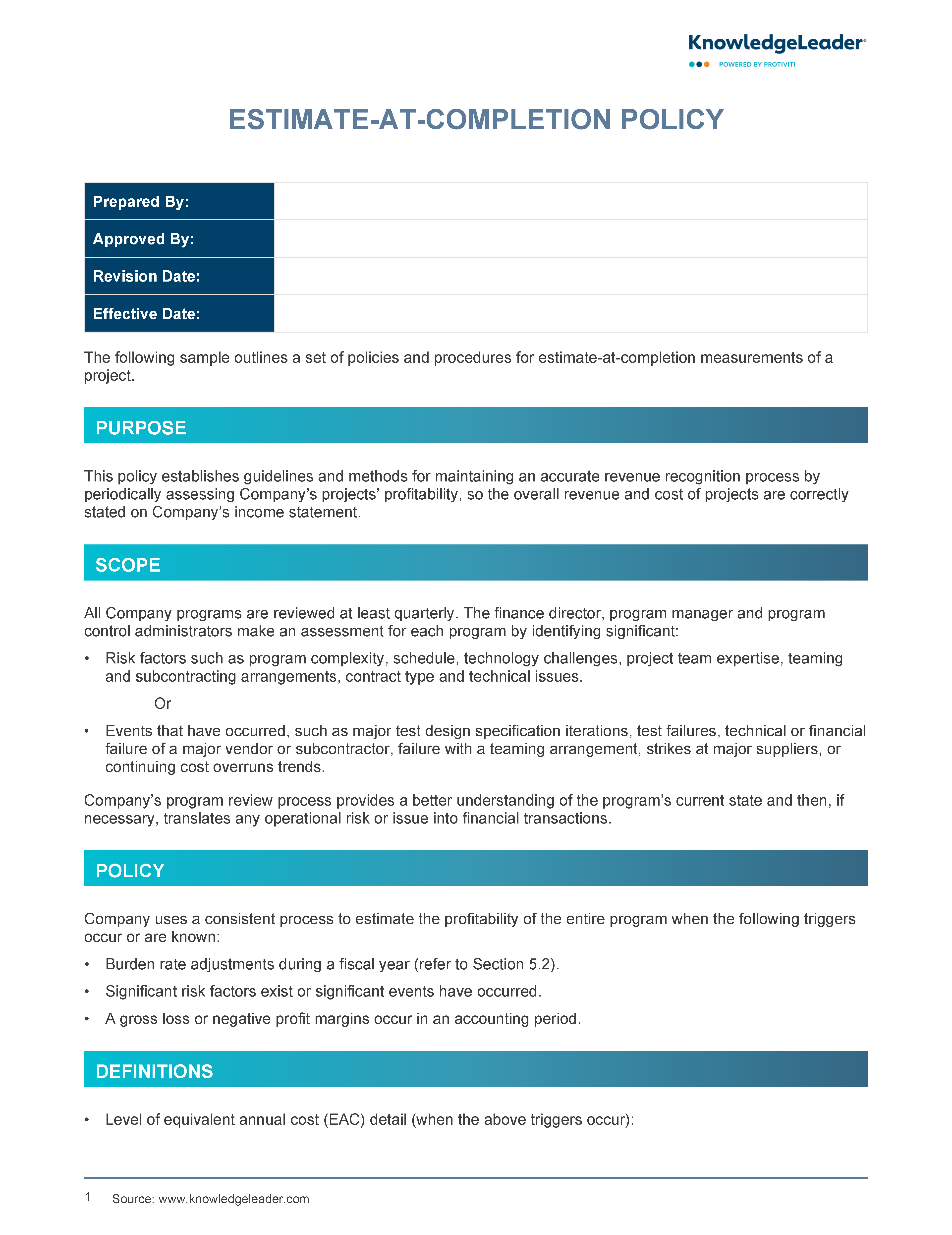 Screenshot of the first page of Estimate-at-Completion Policy