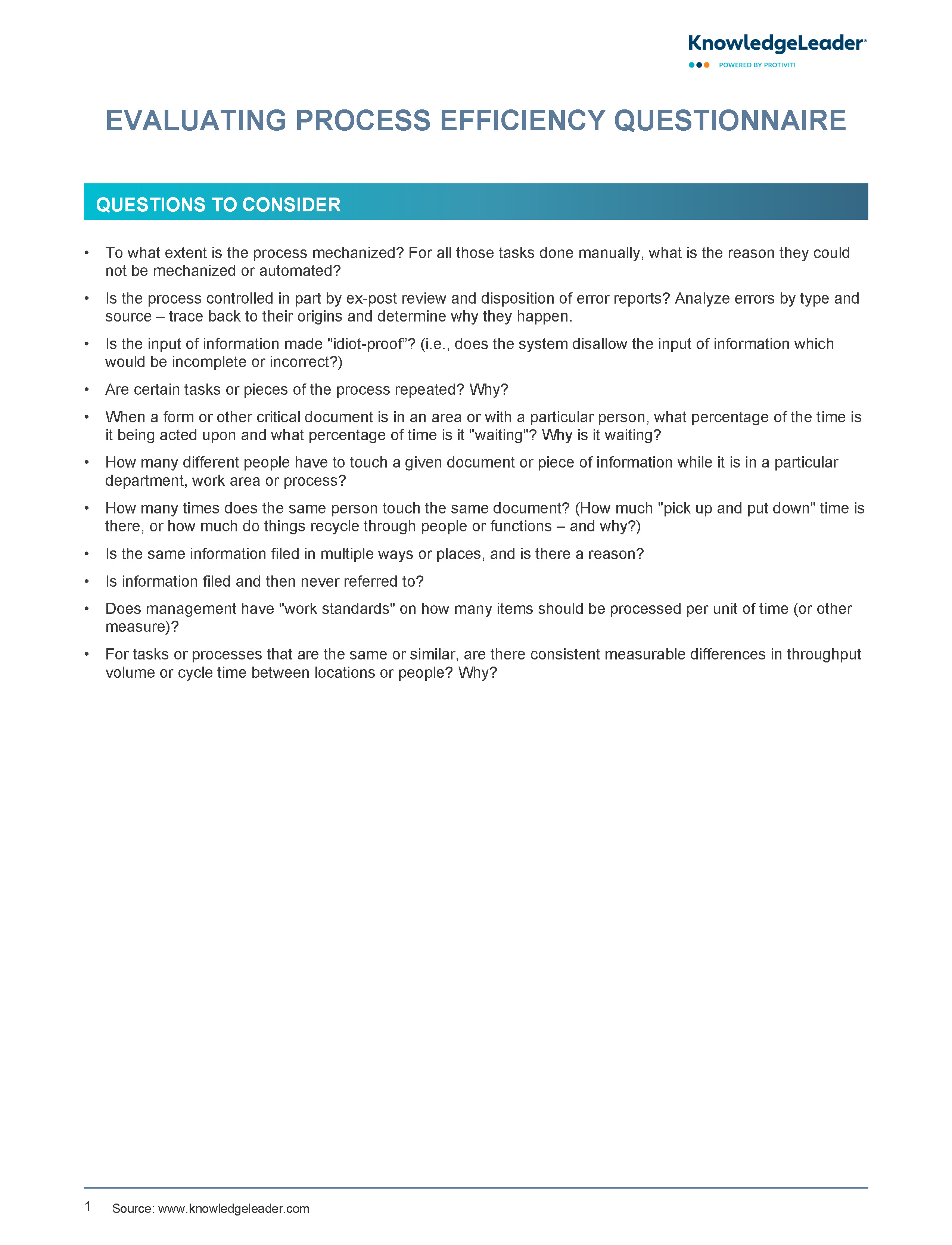 Screenshot of the first page of Evaluating Process Efficiency Questionnaire