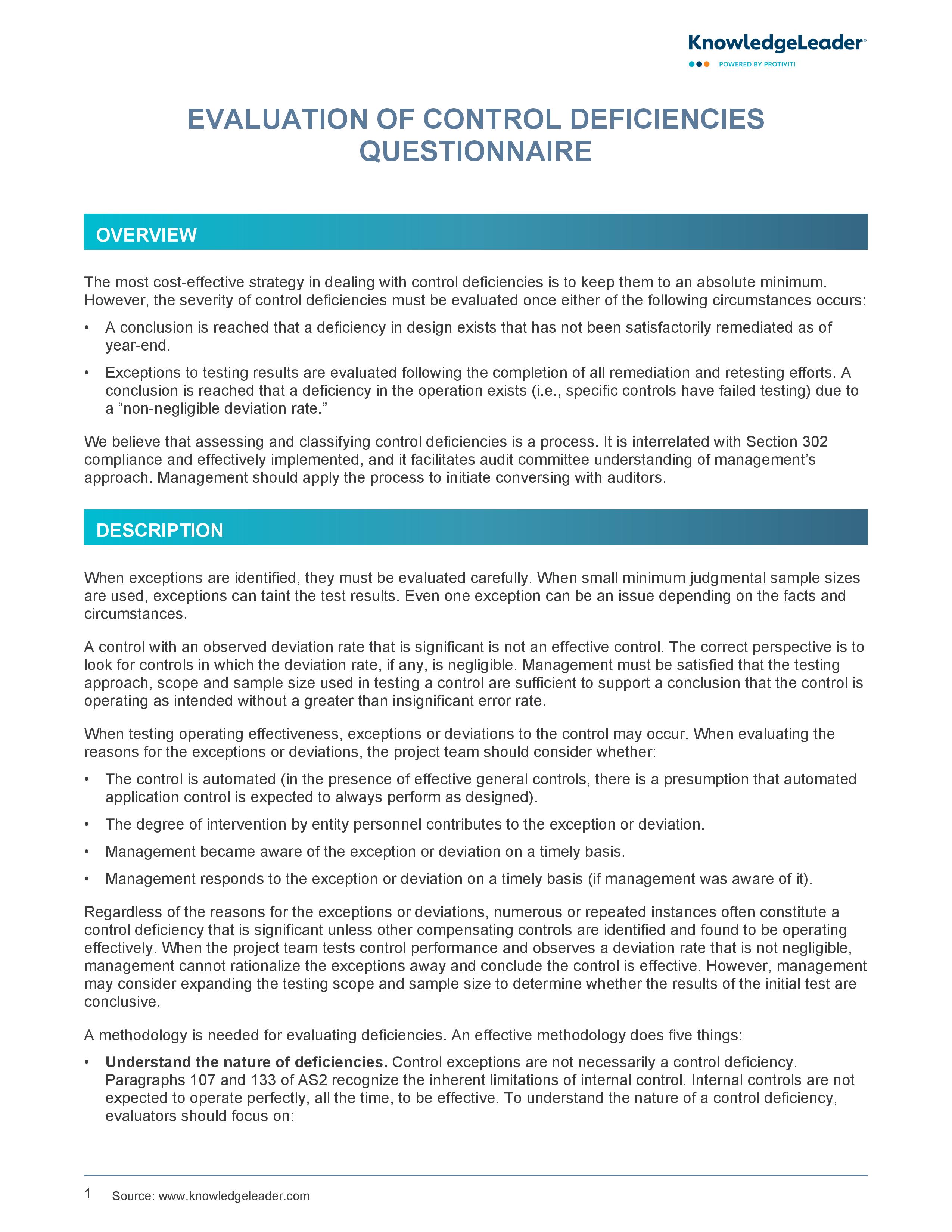 screenshot of first page of Evaluation of Control Deficiencies Questionnaire