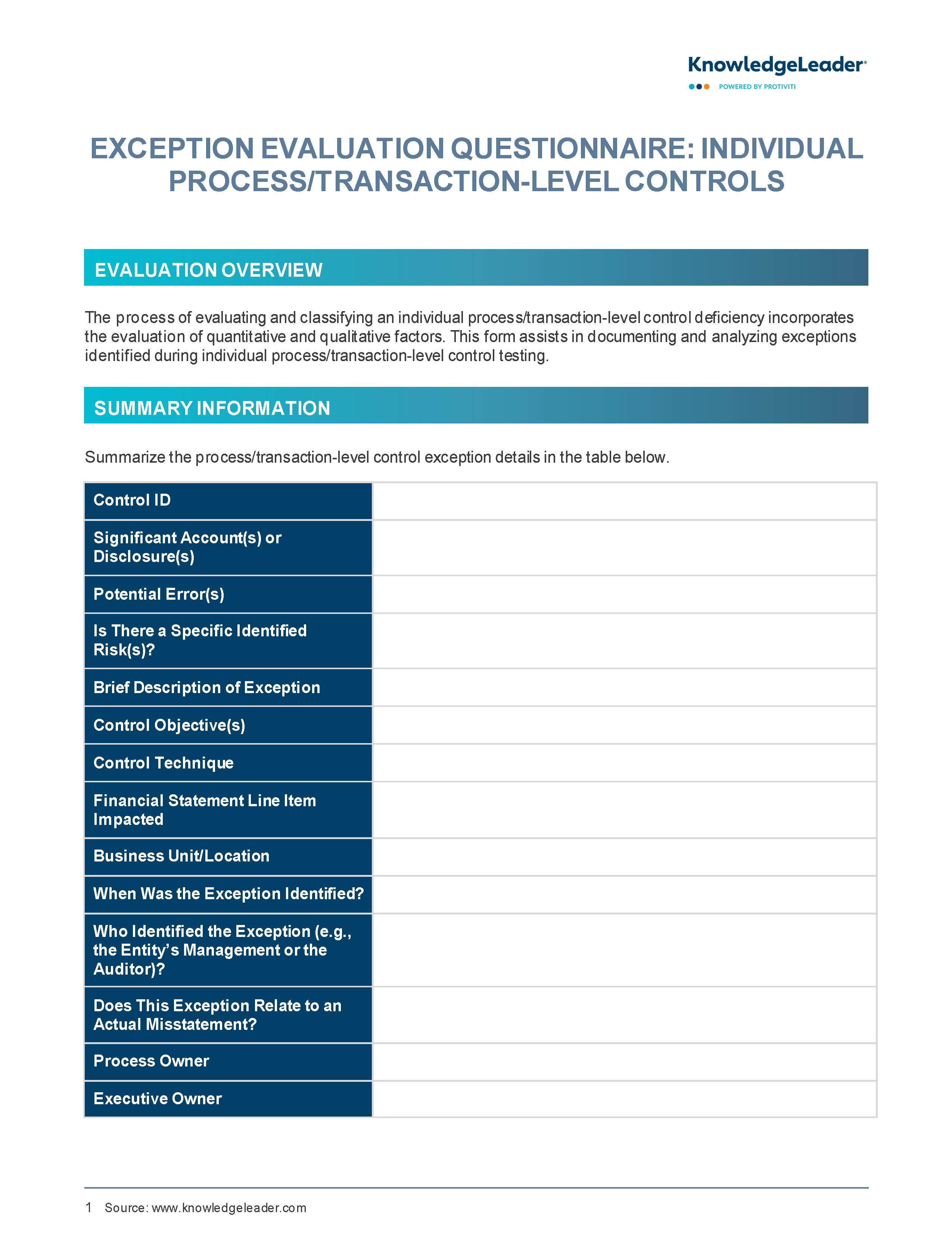 Screenshot of the first page of Exception Evaluation Questionnaire - Individual Process Transaction-Level Controls