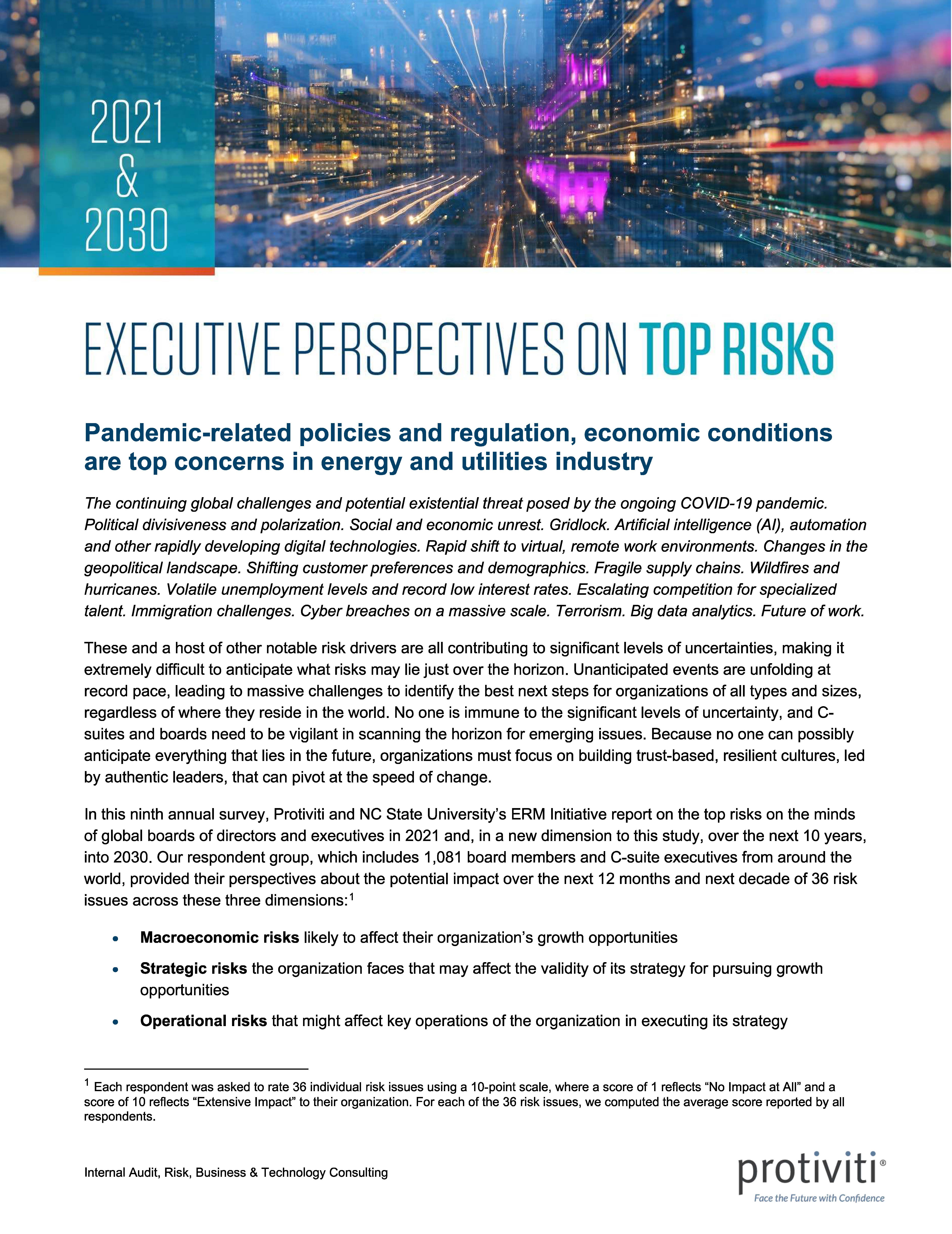 Screenshot of the first page of Executive Perspectives on Top Risks - Energy and Utilities Industry