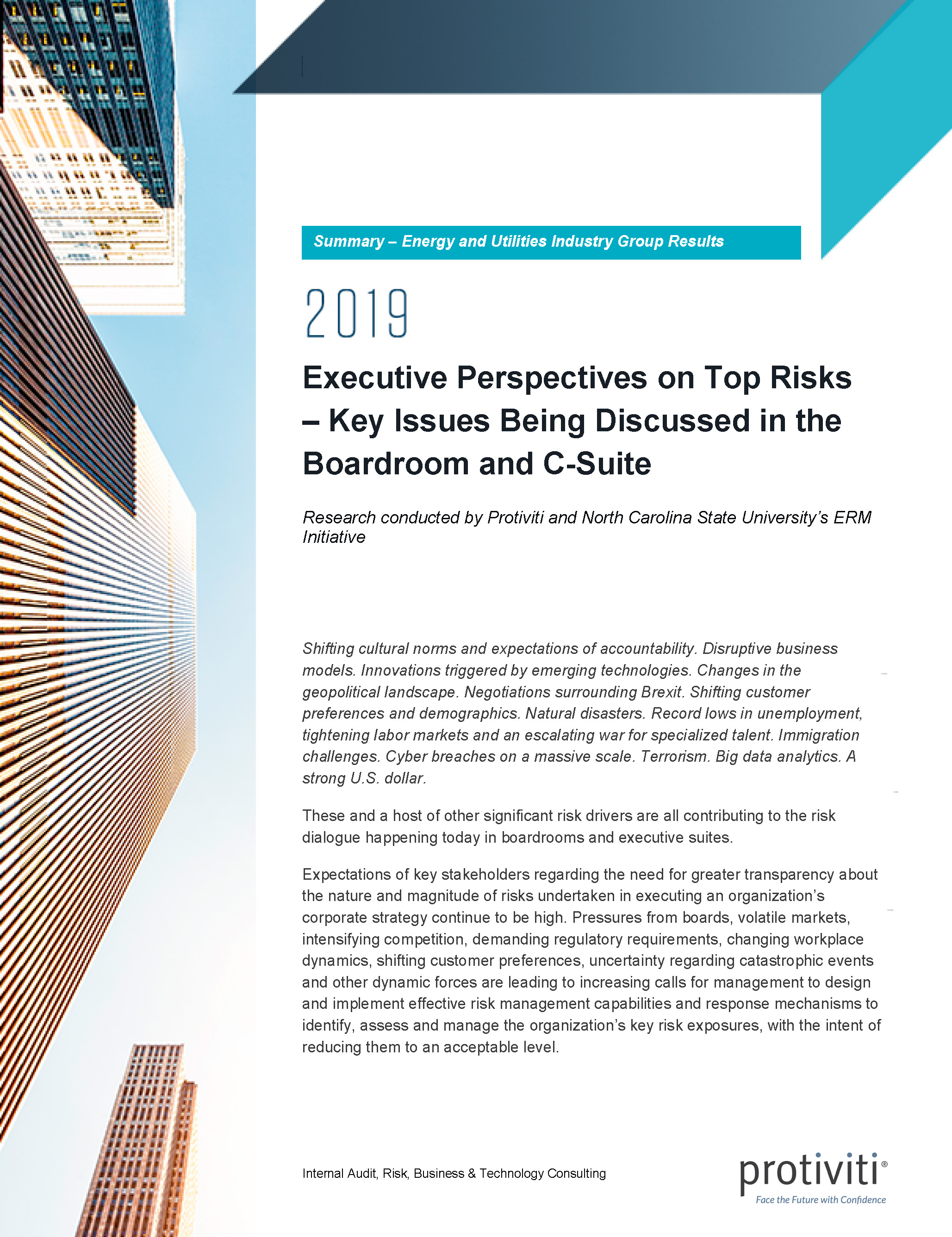 Screenshot of the first page of Executive Perspectives on Top Risks in 2019 Energy and Utilities Industry Group Results