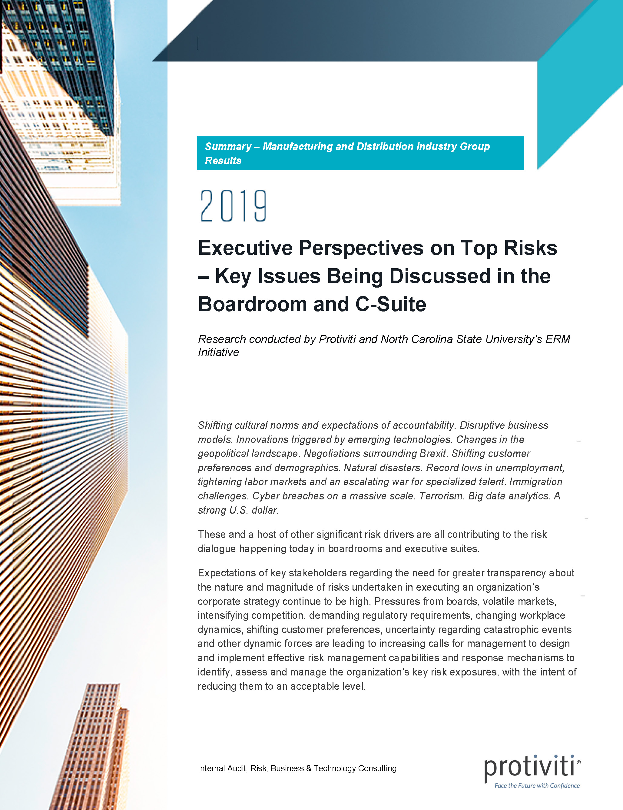 Screenshot of the first page of Executive Perspectives on Top Risks in 2019 Manufacturing and Distribution Industry Group Results