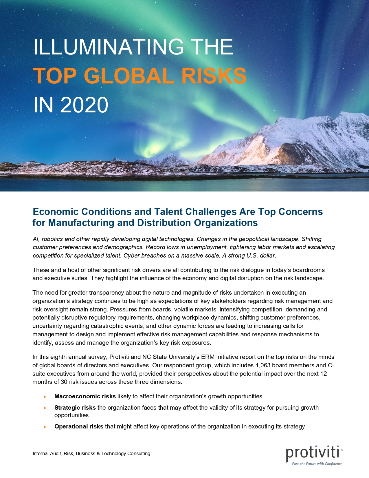 Screenshot of the first page of Executive Perspectives on Top Risks in 2020 - Manufacturing and Distribution Industry Group Results