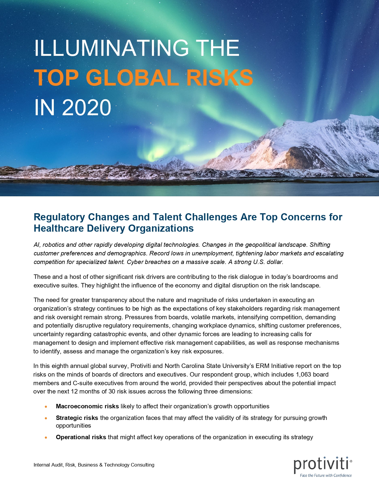 Screenshot of the first page of Executive Perspectives on Top Risks in 2020 Healthcare Industry Group Results