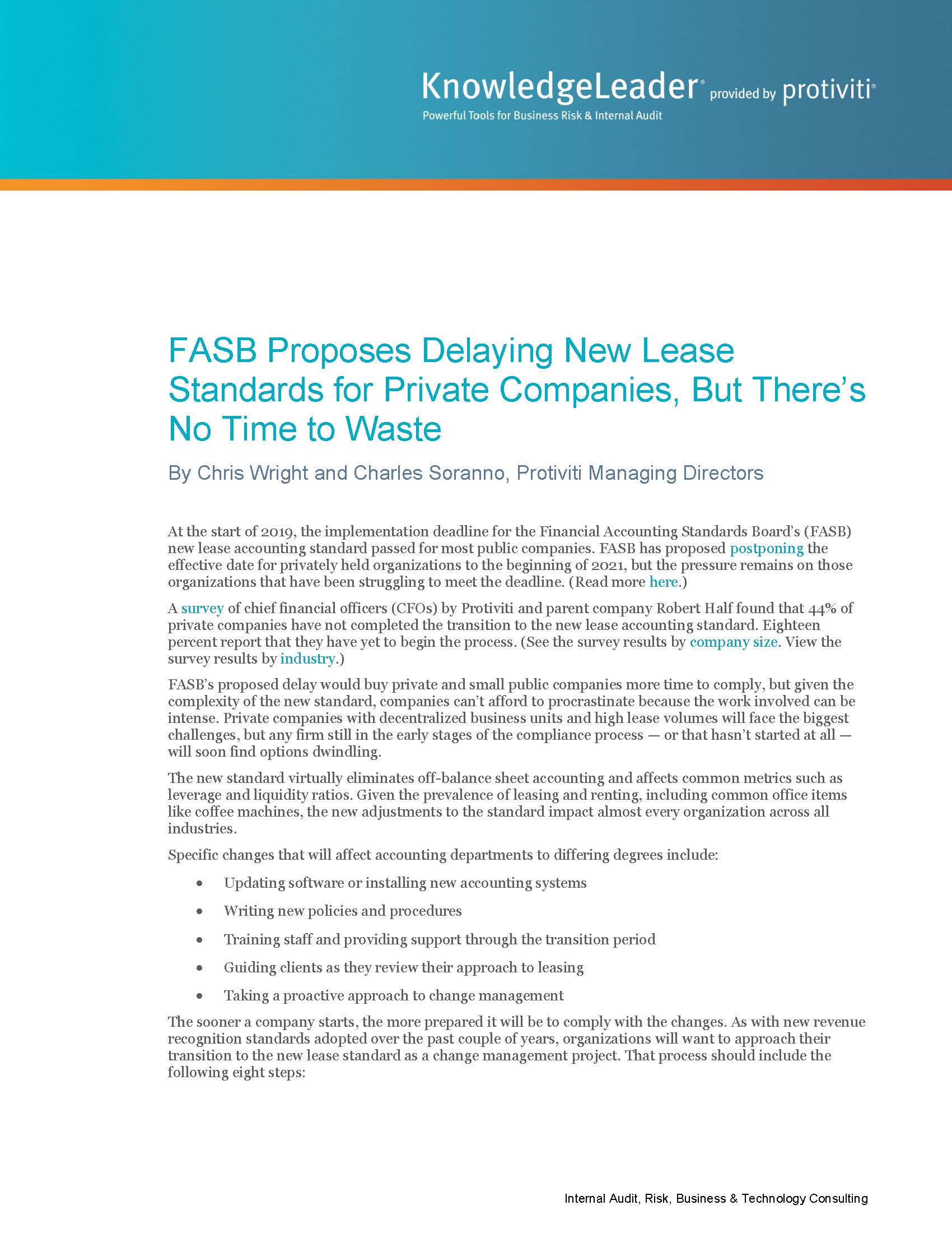 Screenshot of the first page of FASB Proposes Delaying New Lease Standards for Private Companies, But There’s No Time to Waste.