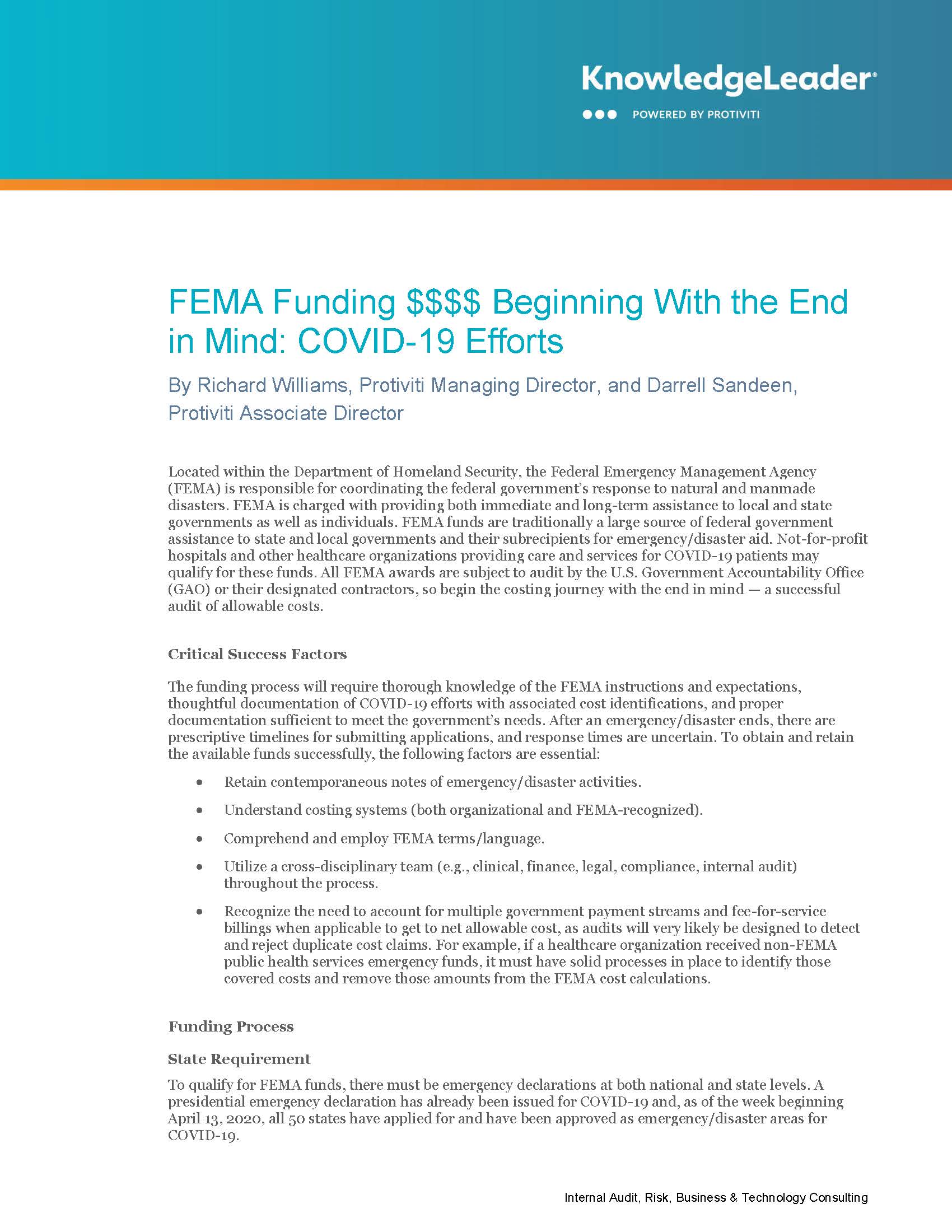 Screenshot of the first page of FEMA Funding $$$$ Beginning With the End in Mind: COVID-19 Efforts