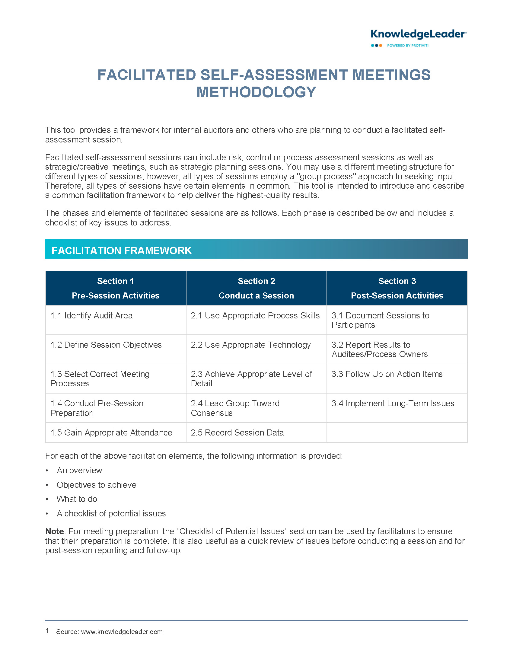 Screenshot of the first page of Facilitated Self-Assessment Meetings Methodology