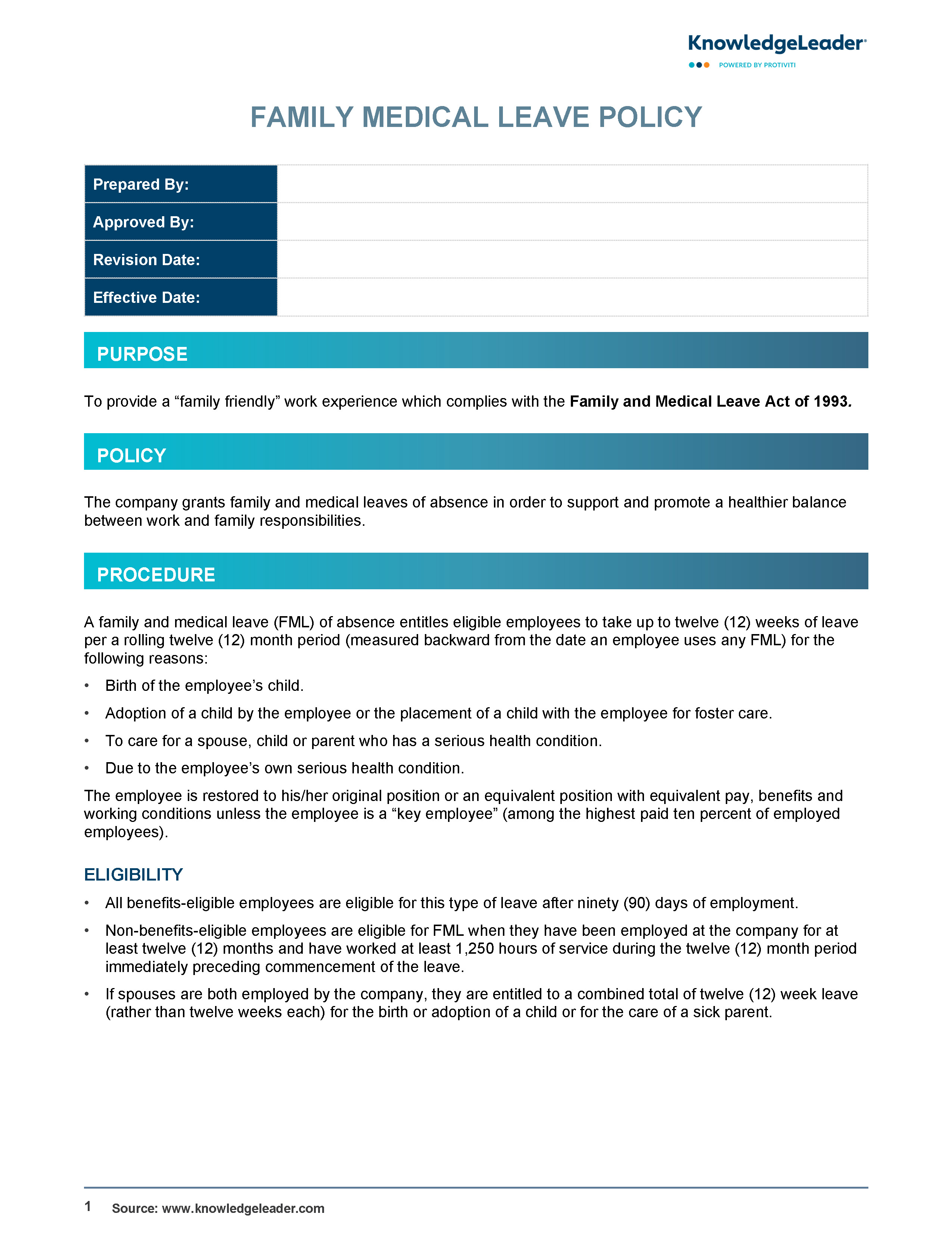 Screenshot of the first page of Family Medical Leave Policy